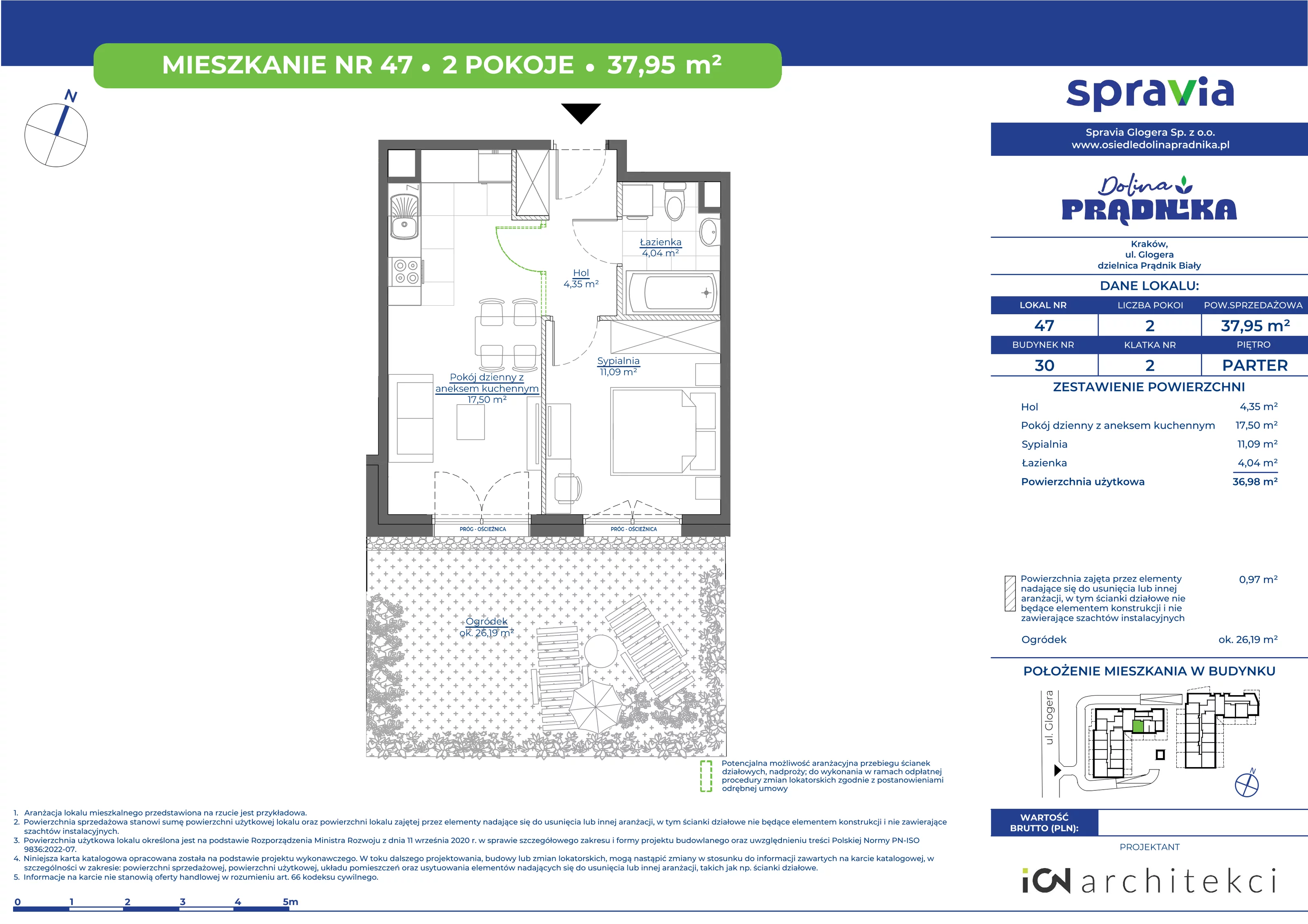 Mieszkanie 37,95 m², parter, oferta nr 30-47, Osiedle Dolina Prądnika, Kraków, Prądnik Biały, ul. Glogera 30 i 30 A