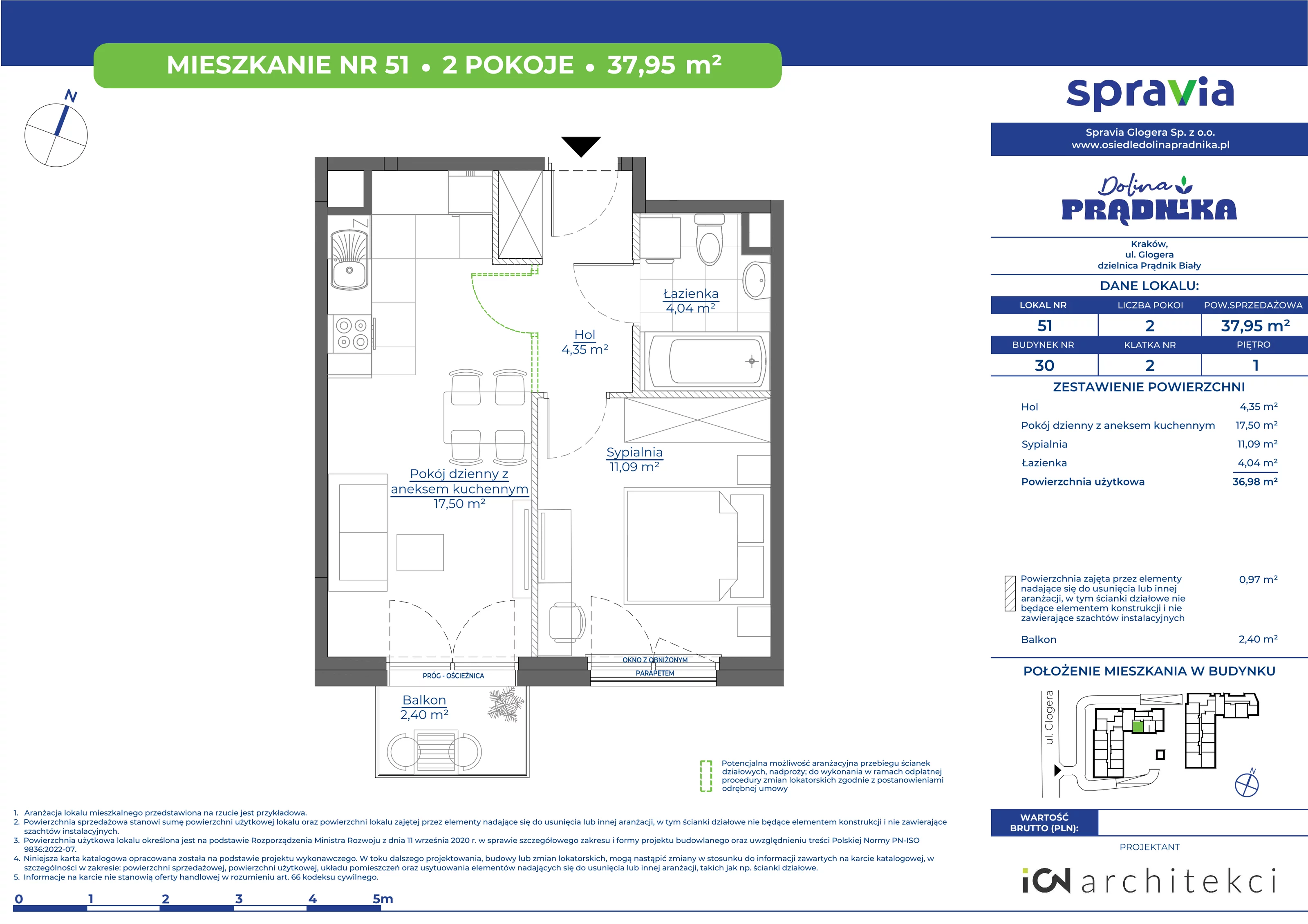 Mieszkanie 37,95 m², piętro 1, oferta nr 30-51, Osiedle Dolina Prądnika, Kraków, Prądnik Biały, ul. Glogera 30 i 30 A