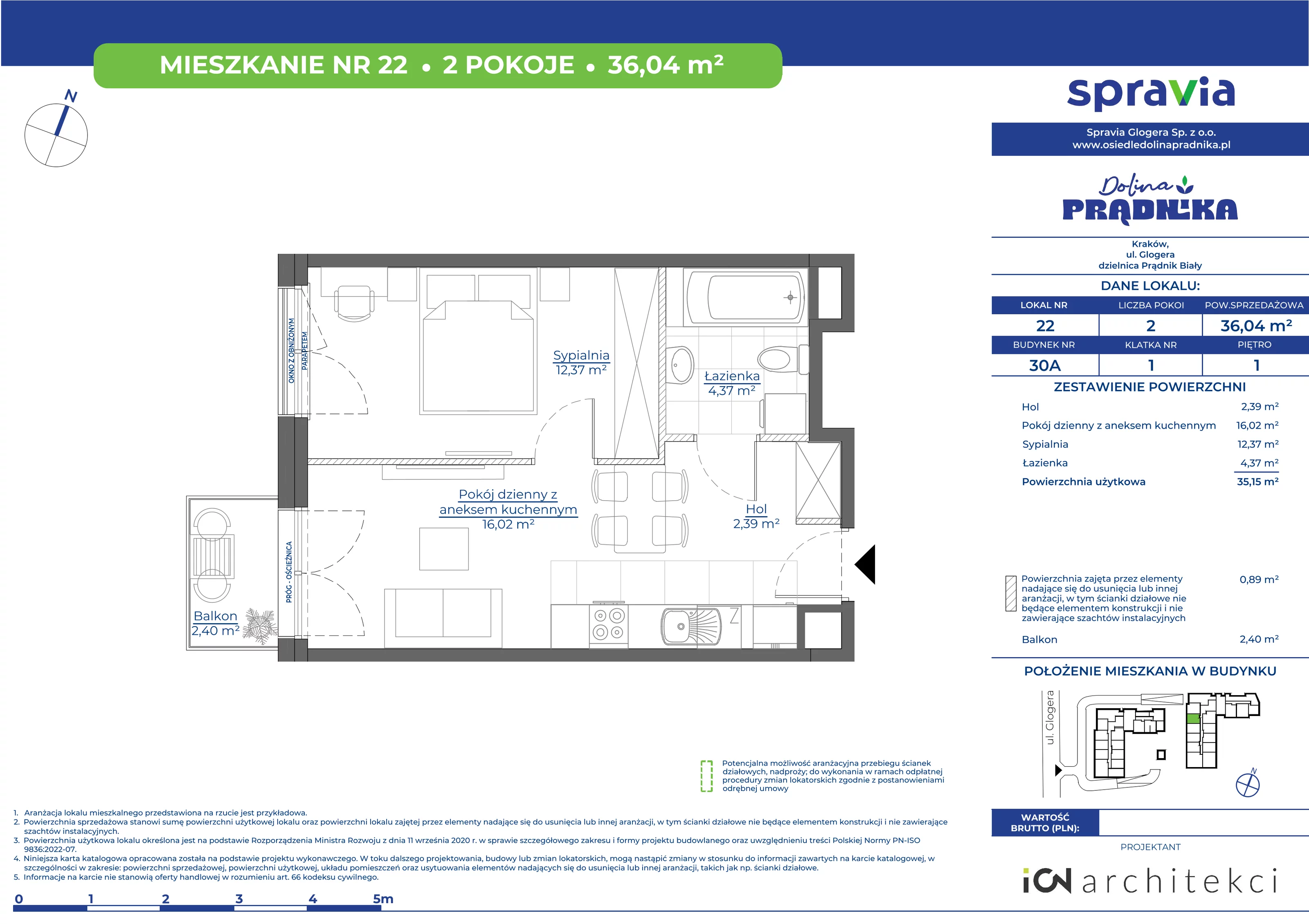 Mieszkanie 36,04 m², piętro 1, oferta nr 30A-22, Osiedle Dolina Prądnika, Kraków, Prądnik Biały, ul. Glogera 30 i 30 A