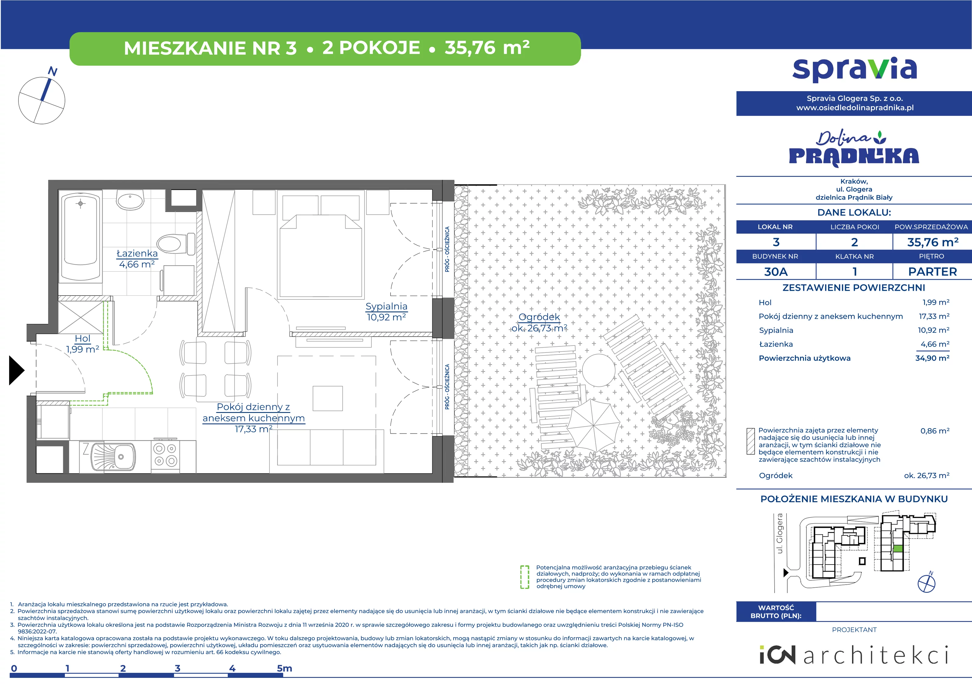 Mieszkanie 35,76 m², parter, oferta nr 30A-03, Osiedle Dolina Prądnika, Kraków, Prądnik Biały, ul. Glogera 30 i 30 A