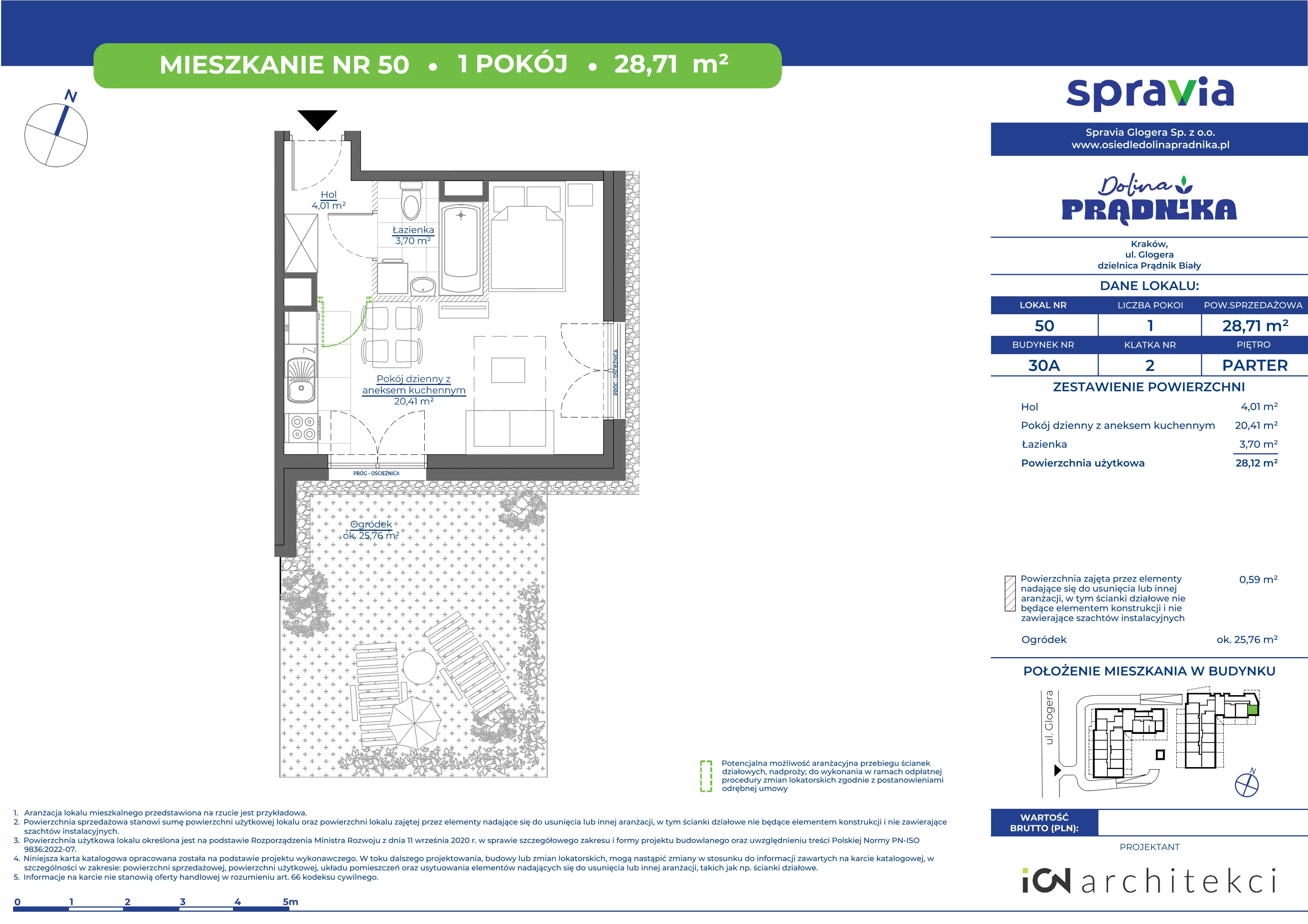 Mieszkanie 28,71 m², parter, oferta nr 30A-50, Osiedle Dolina Prądnika, Kraków, Prądnik Biały, ul. Glogera 30 i 30 A