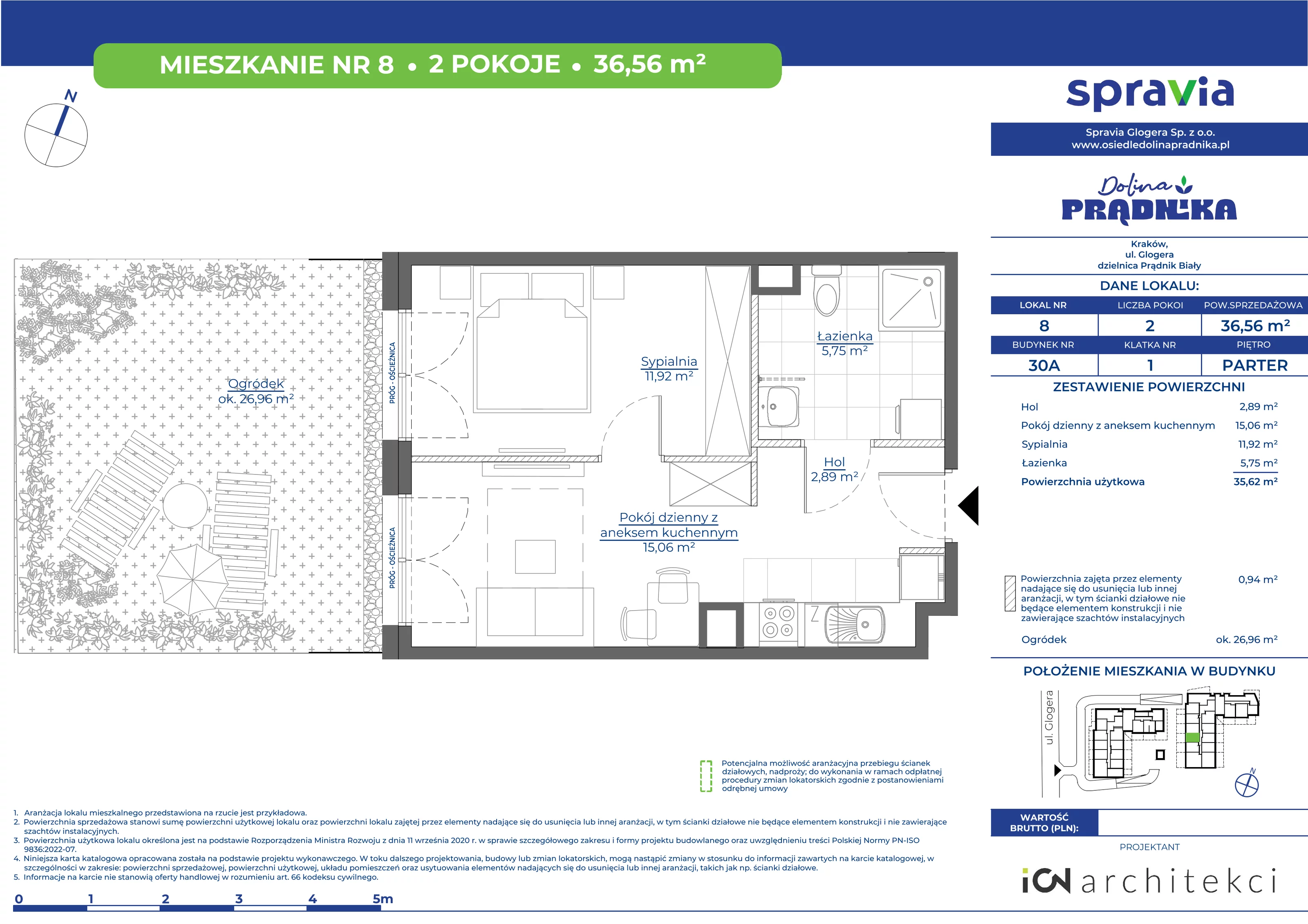 Mieszkanie 36,56 m², parter, oferta nr 30A-08, Osiedle Dolina Prądnika, Kraków, Prądnik Biały, ul. Glogera 30 i 30 A