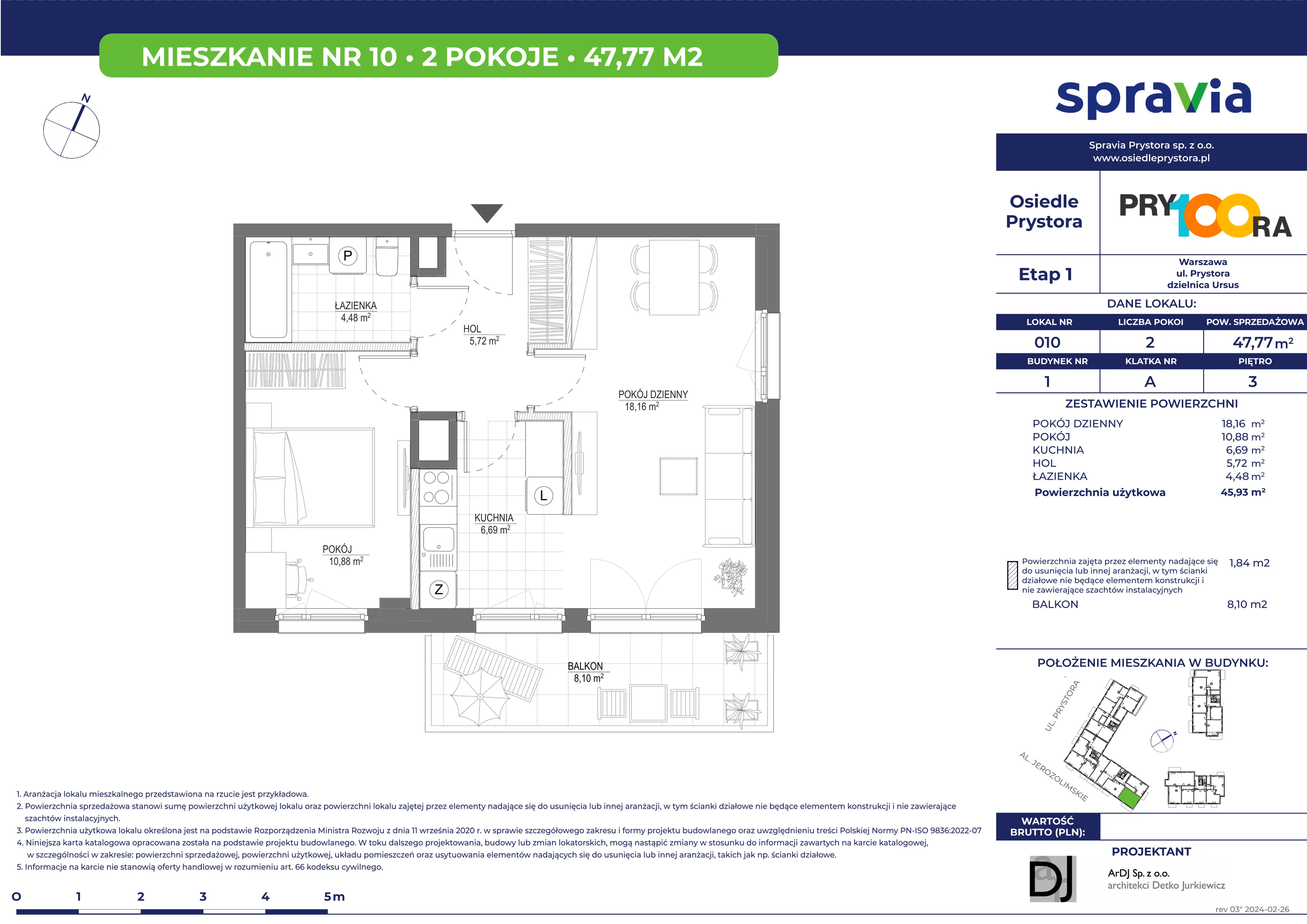 Mieszkanie 47,77 m², piętro 3, oferta nr 10, Osiedle Prystora, Warszawa, Ursus, Skorosze, ul. Prystora