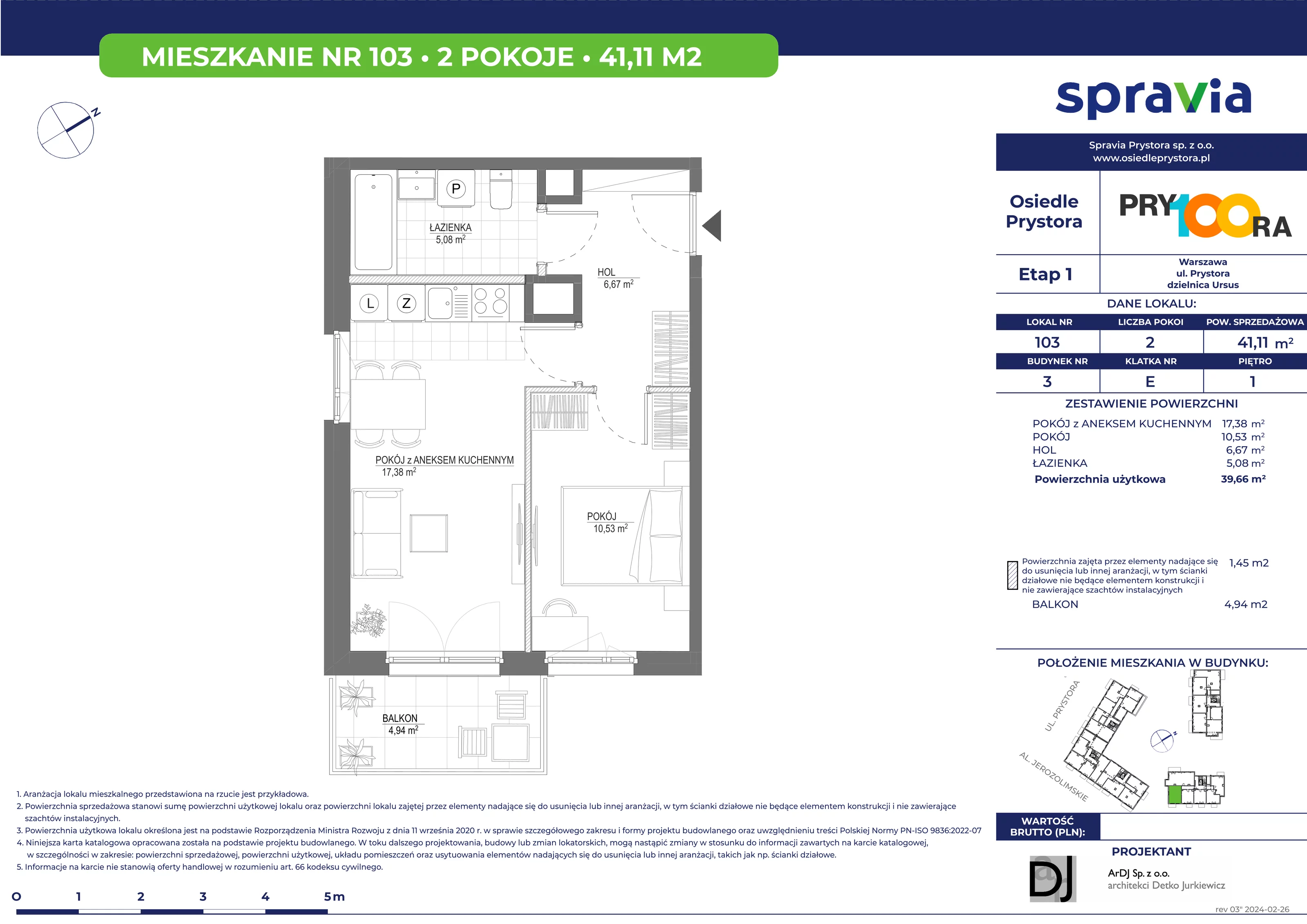 Mieszkanie 41,11 m², piętro 1, oferta nr 103, Osiedle Prystora, Warszawa, Ursus, Skorosze, ul. Prystora