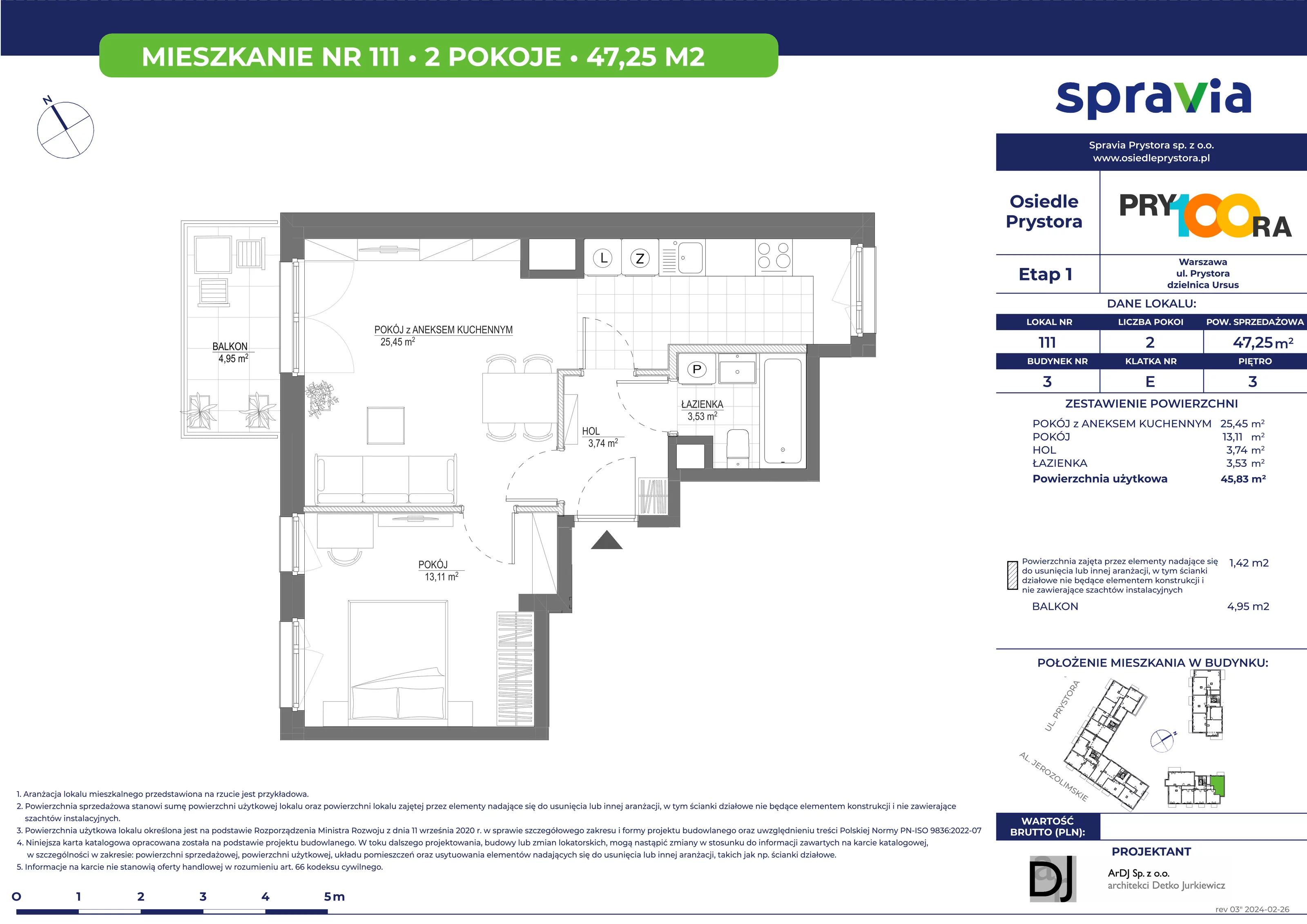 Mieszkanie 47,25 m², piętro 3, oferta nr 111, Osiedle Prystora, Warszawa, Ursus, Skorosze, ul. Prystora