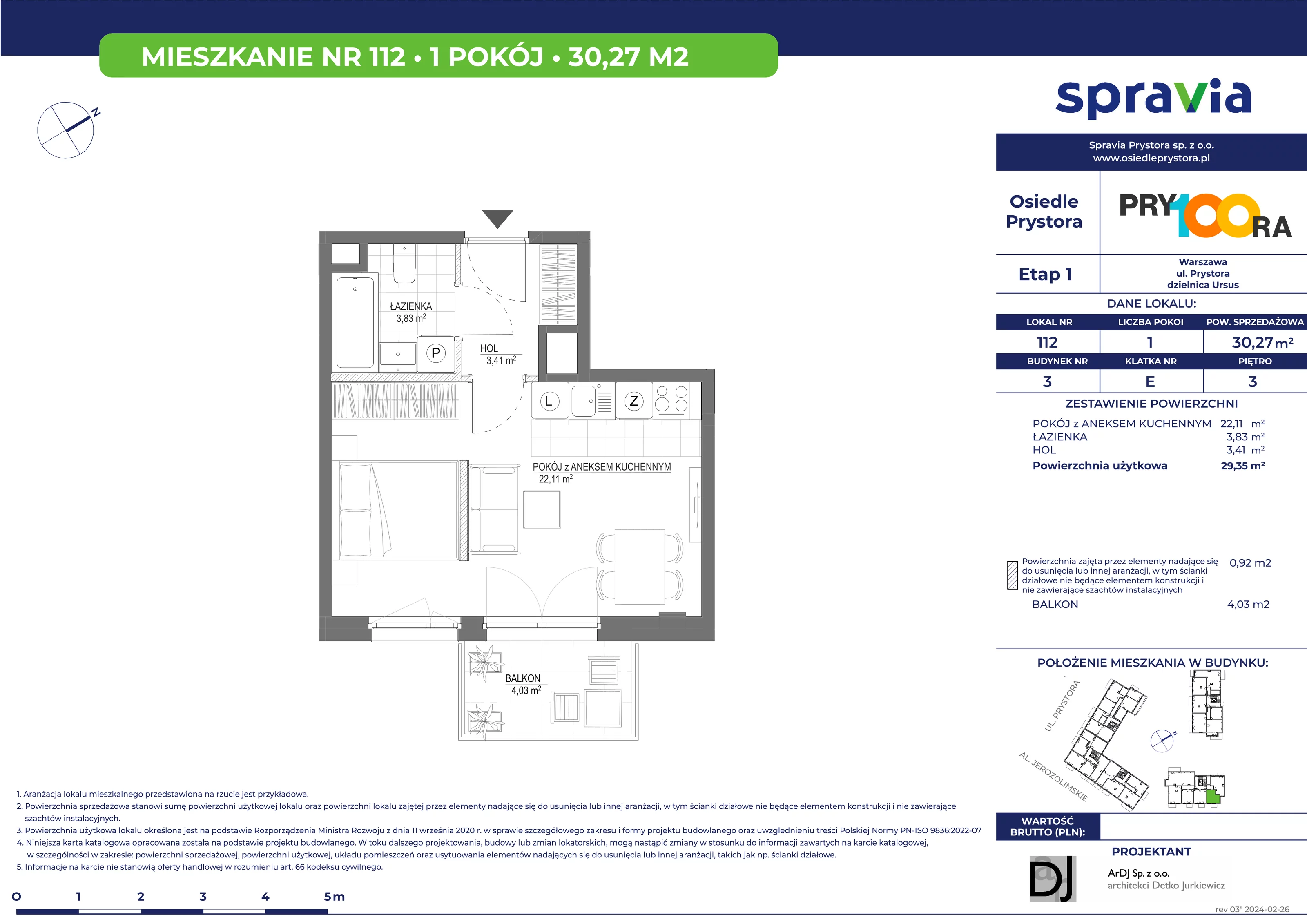 Mieszkanie 30,27 m², piętro 3, oferta nr 112, Osiedle Prystora, Warszawa, Ursus, Skorosze, ul. Prystora