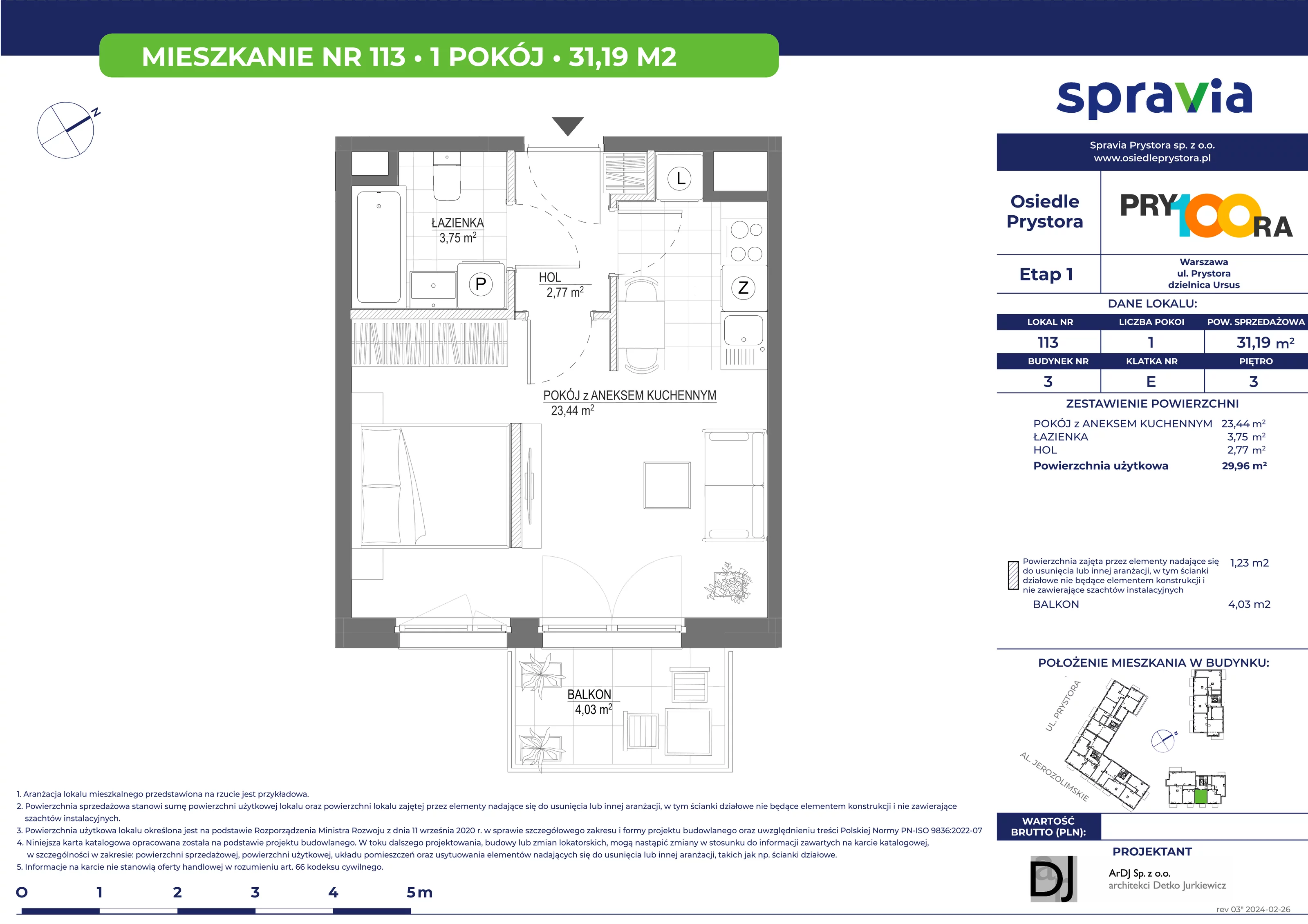 Mieszkanie 31,19 m², piętro 3, oferta nr 113, Osiedle Prystora, Warszawa, Ursus, Skorosze, ul. Prystora