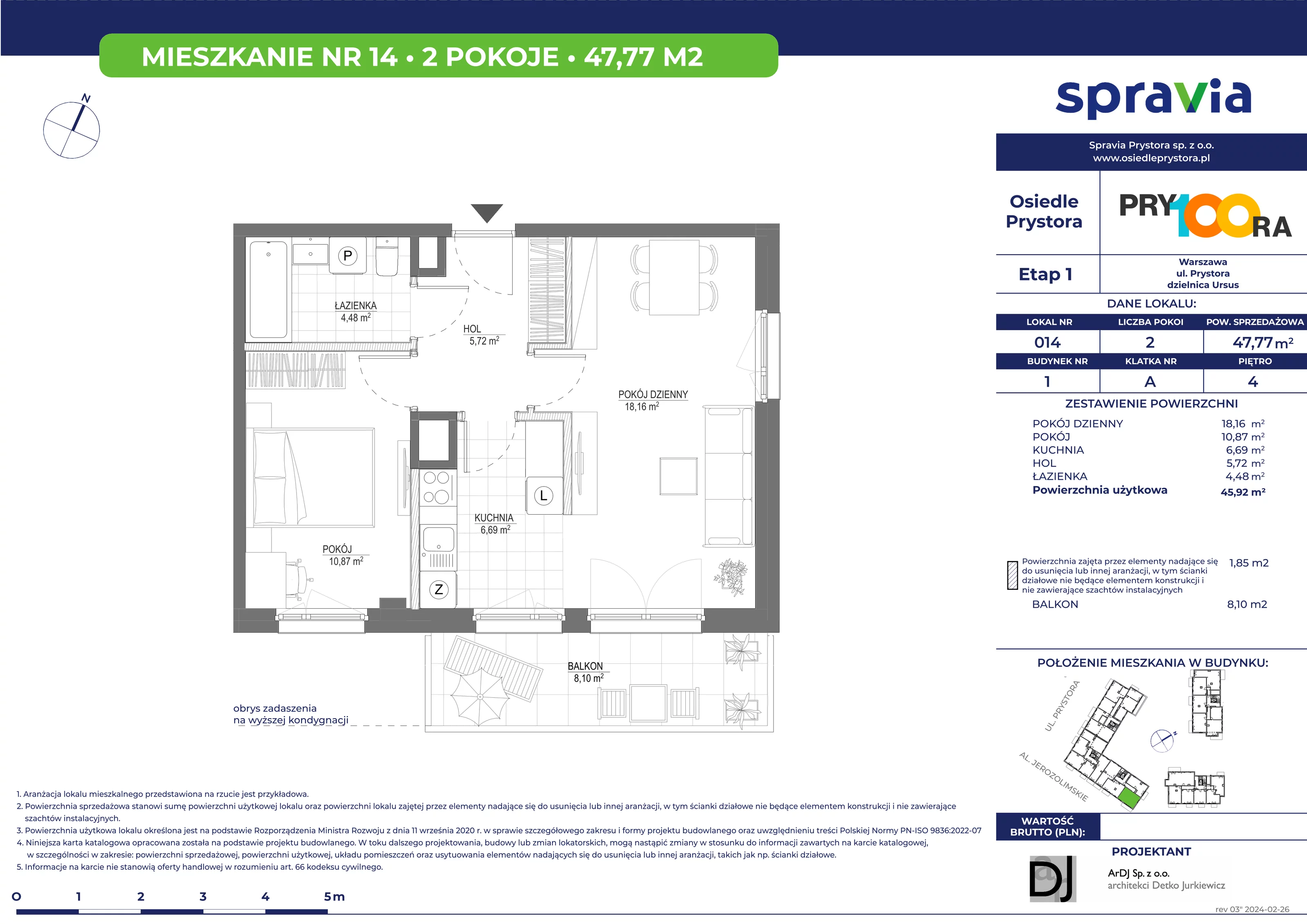 Mieszkanie 47,77 m², piętro 4, oferta nr 14, Osiedle Prystora, Warszawa, Ursus, Skorosze, ul. Prystora