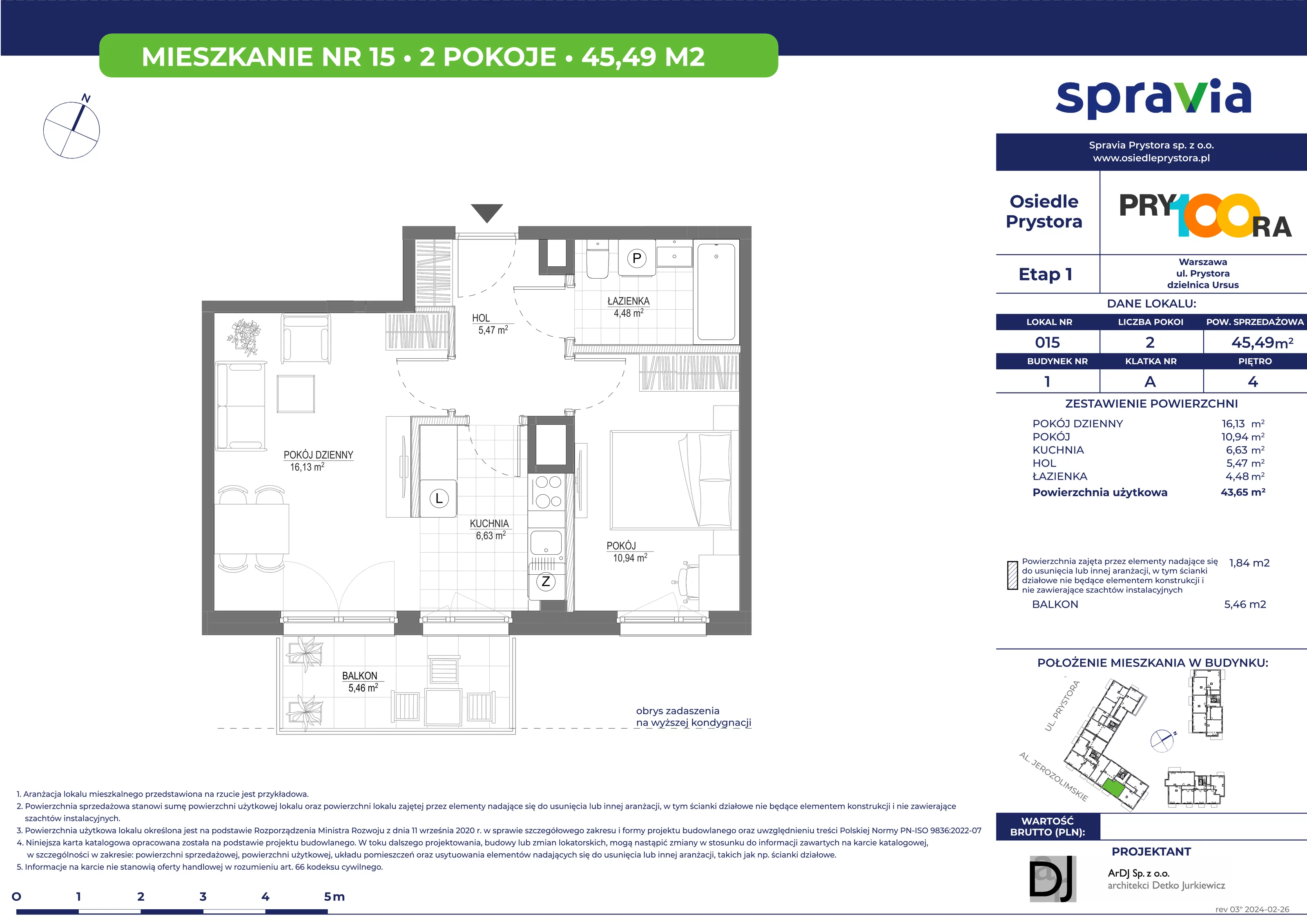 Mieszkanie 45,49 m², piętro 4, oferta nr 15, Osiedle Prystora, Warszawa, Ursus, Skorosze, ul. Prystora