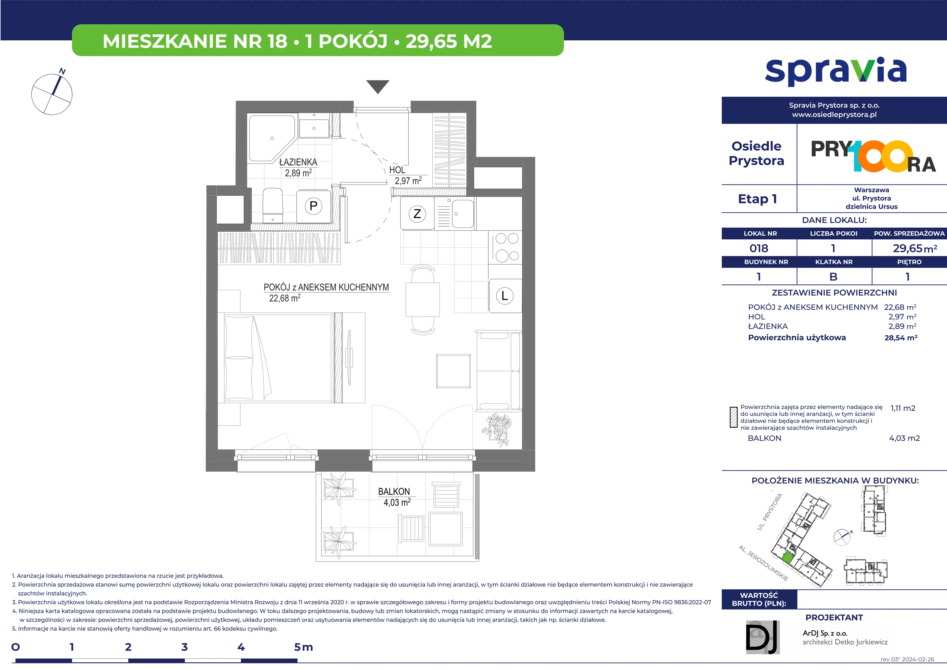 Mieszkanie 29,65 m², piętro 1, oferta nr 18, Osiedle Prystora, Warszawa, Ursus, Skorosze, ul. Prystora