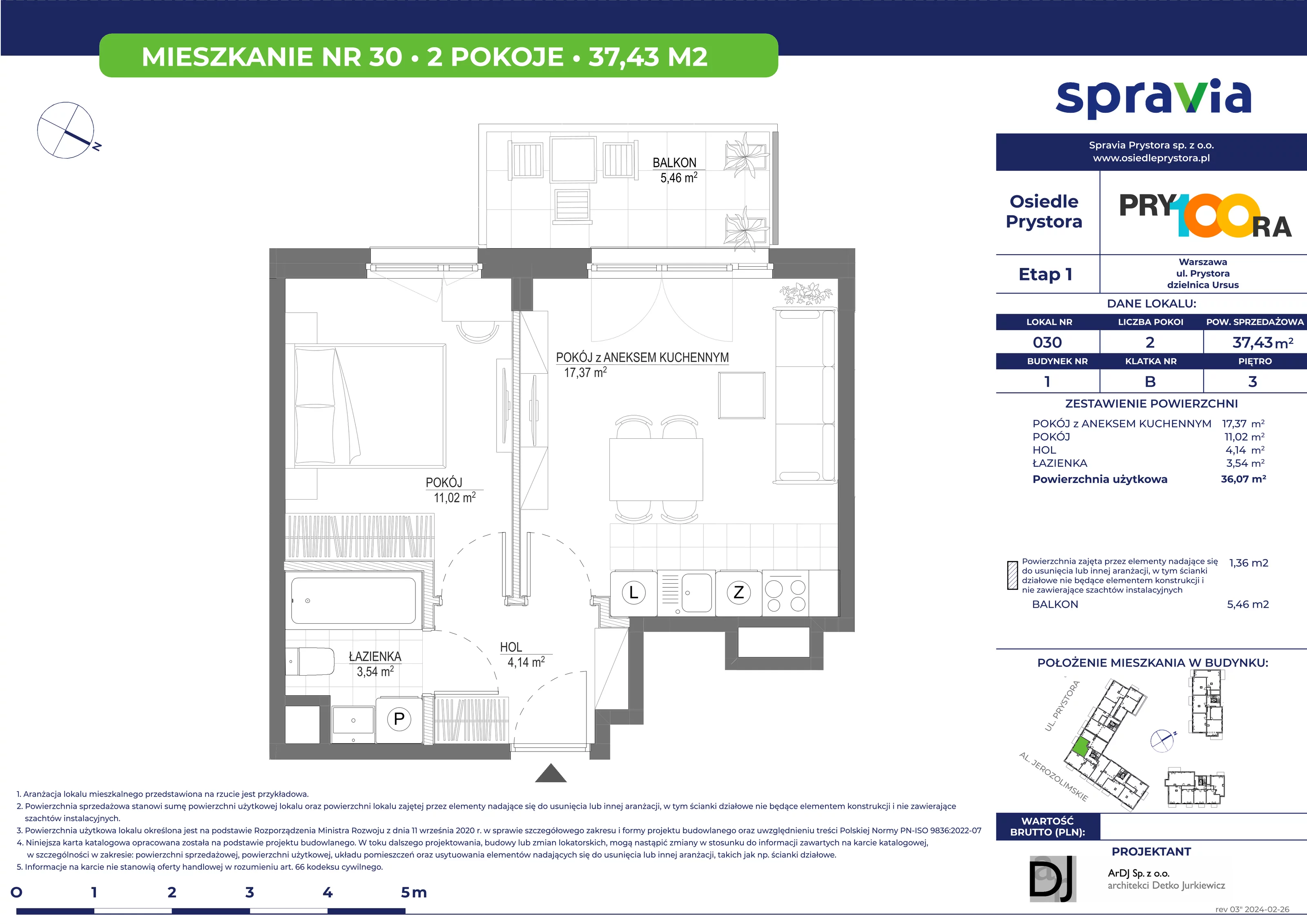 Mieszkanie 37,43 m², piętro 3, oferta nr 30, Osiedle Prystora, Warszawa, Ursus, Skorosze, ul. Prystora