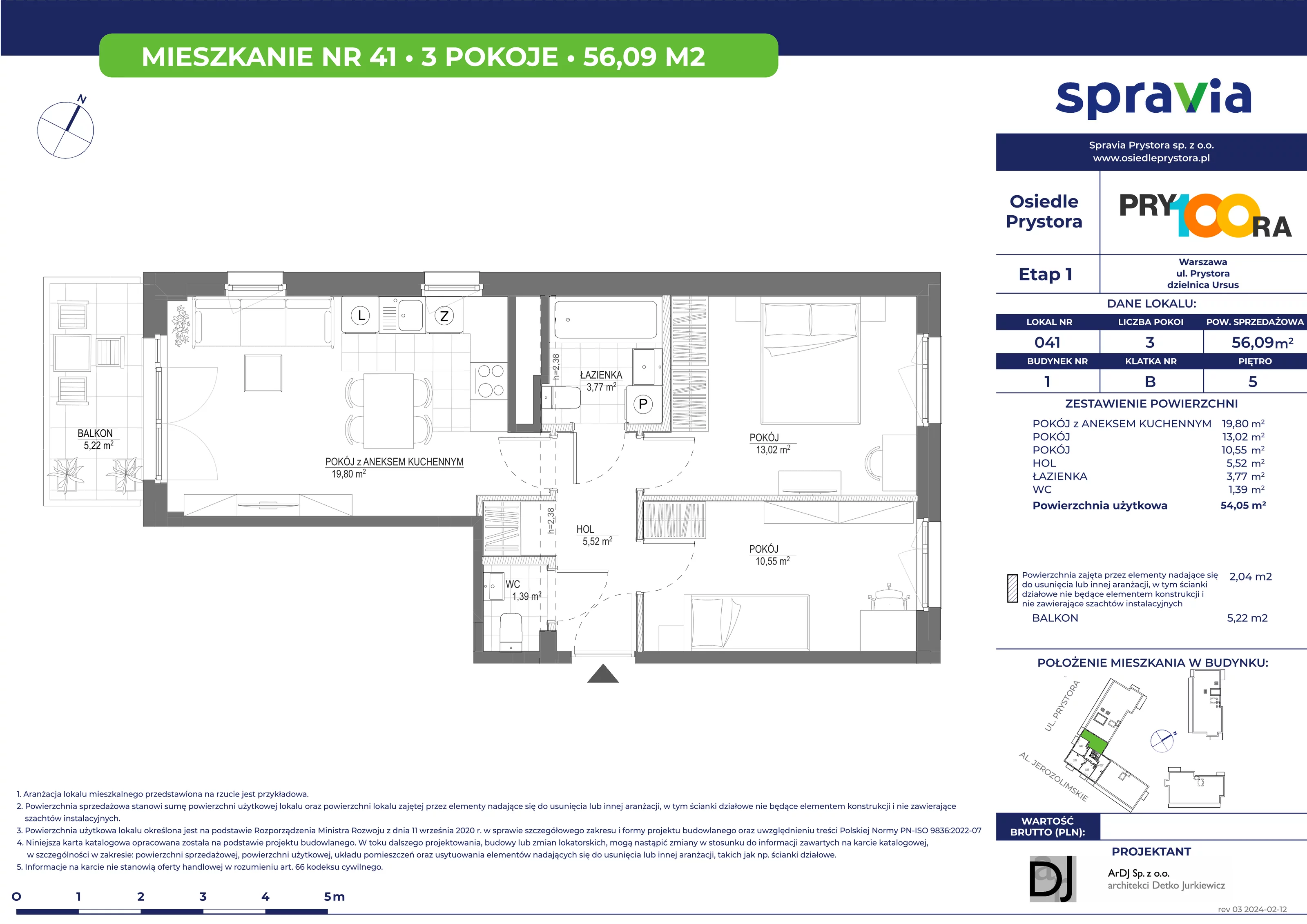 Mieszkanie 56,09 m², piętro 5, oferta nr 41, Osiedle Prystora, Warszawa, Ursus, Skorosze, ul. Prystora