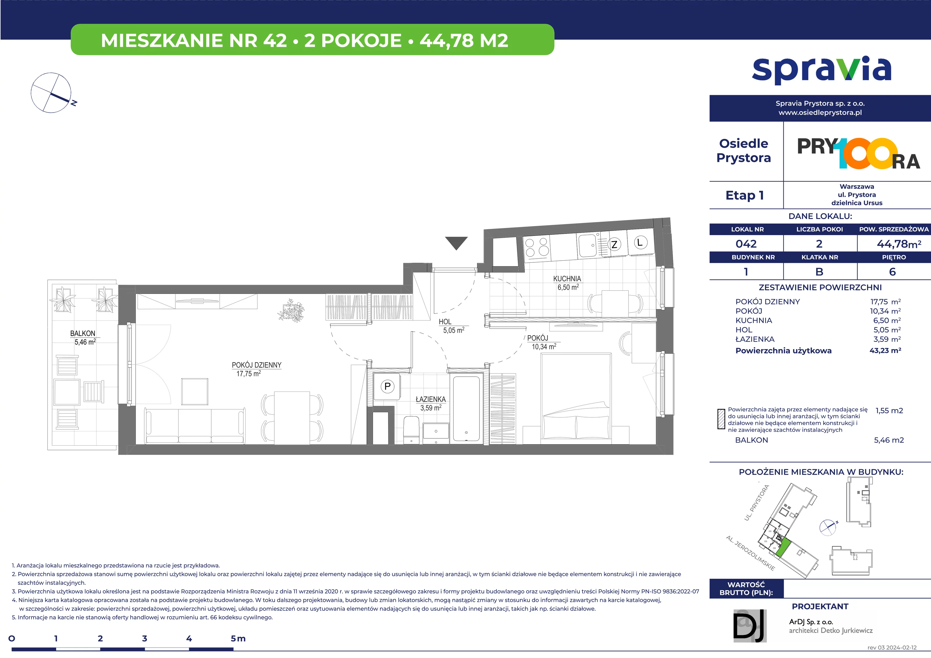 Mieszkanie 44,78 m², piętro 6, oferta nr 42, Osiedle Prystora, Warszawa, Ursus, Skorosze, ul. Prystora