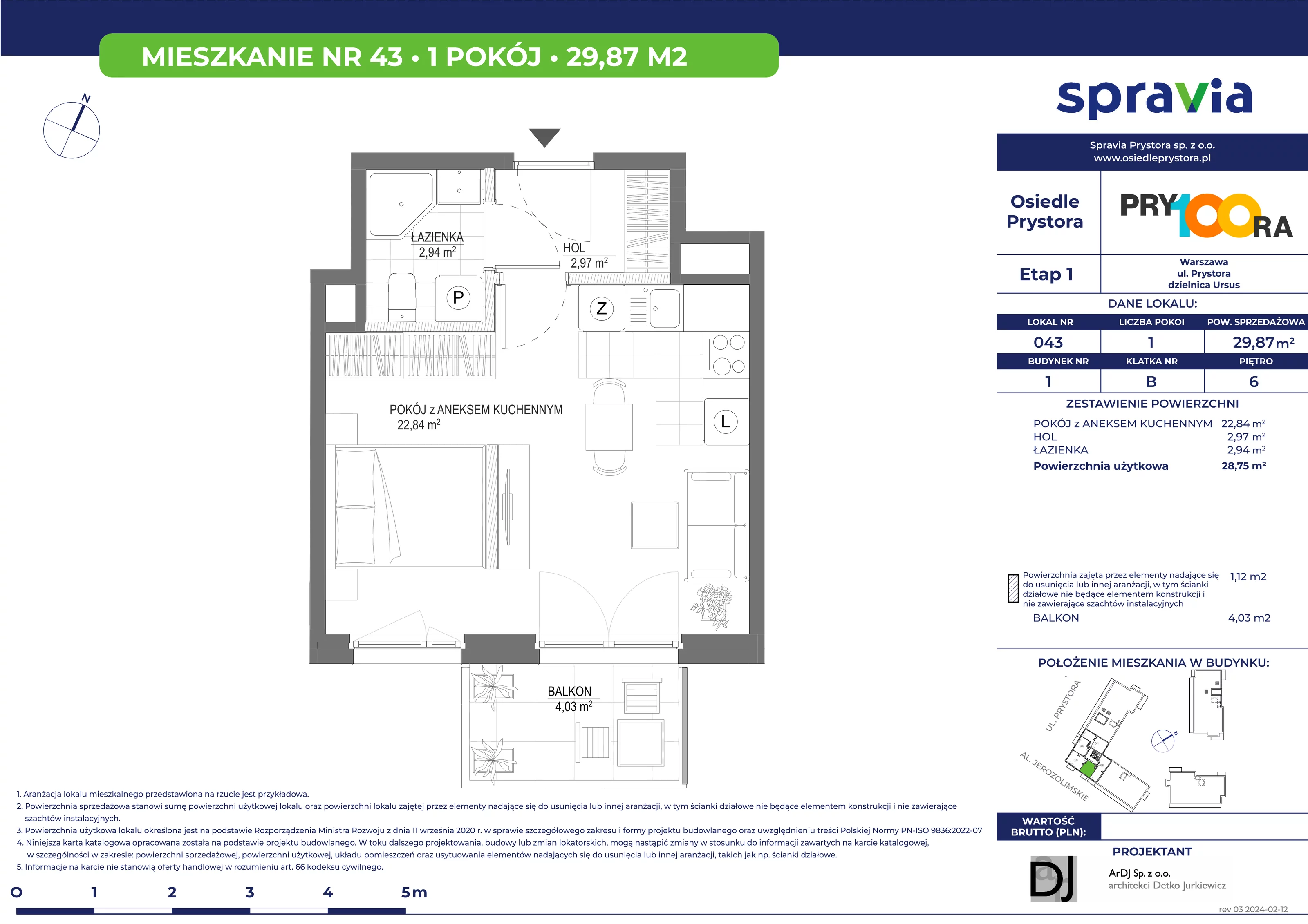 Mieszkanie 29,87 m², piętro 6, oferta nr 43, Osiedle Prystora, Warszawa, Ursus, Skorosze, ul. Prystora