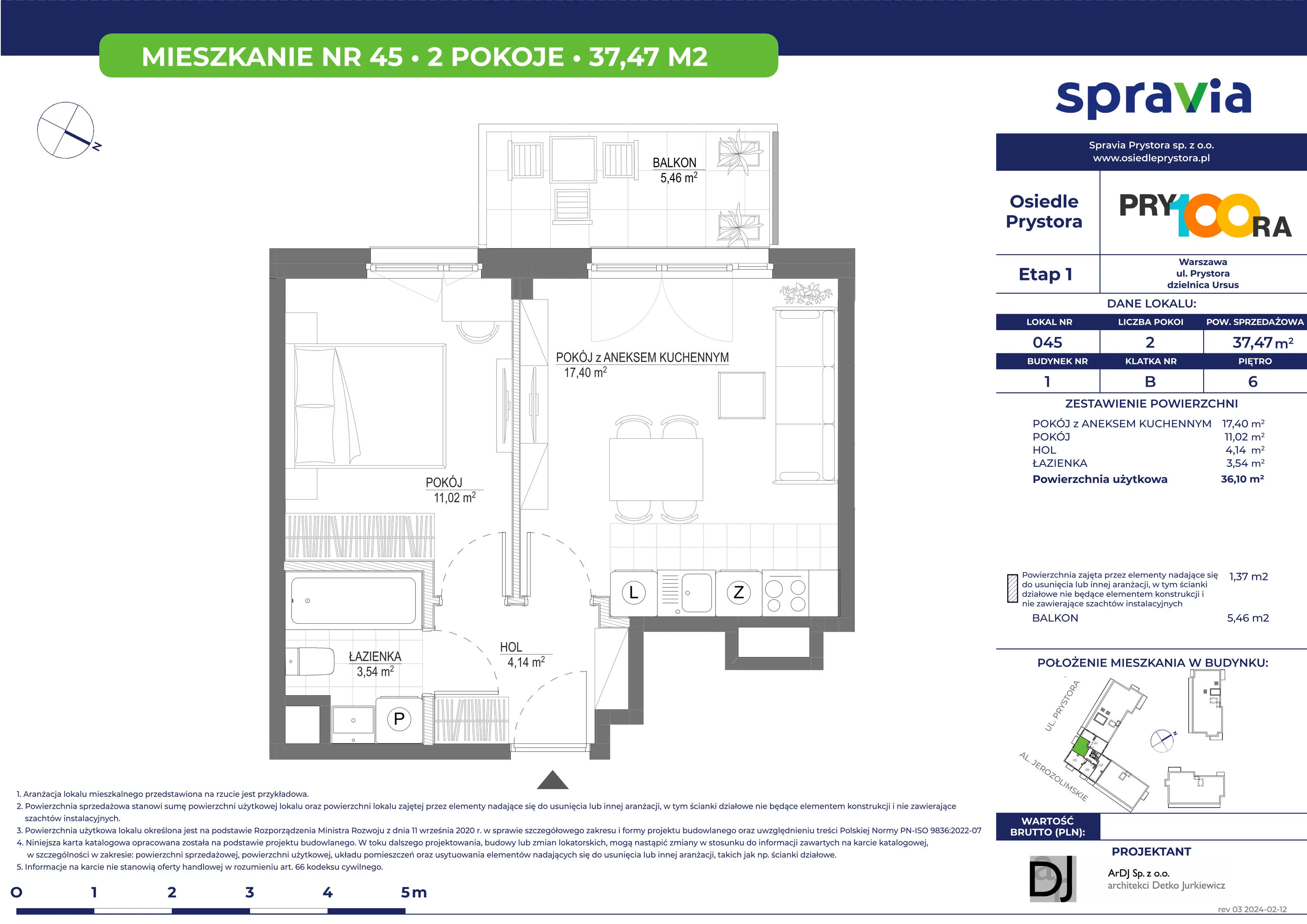 Mieszkanie 37,47 m², piętro 6, oferta nr 45, Osiedle Prystora, Warszawa, Ursus, Skorosze, ul. Prystora