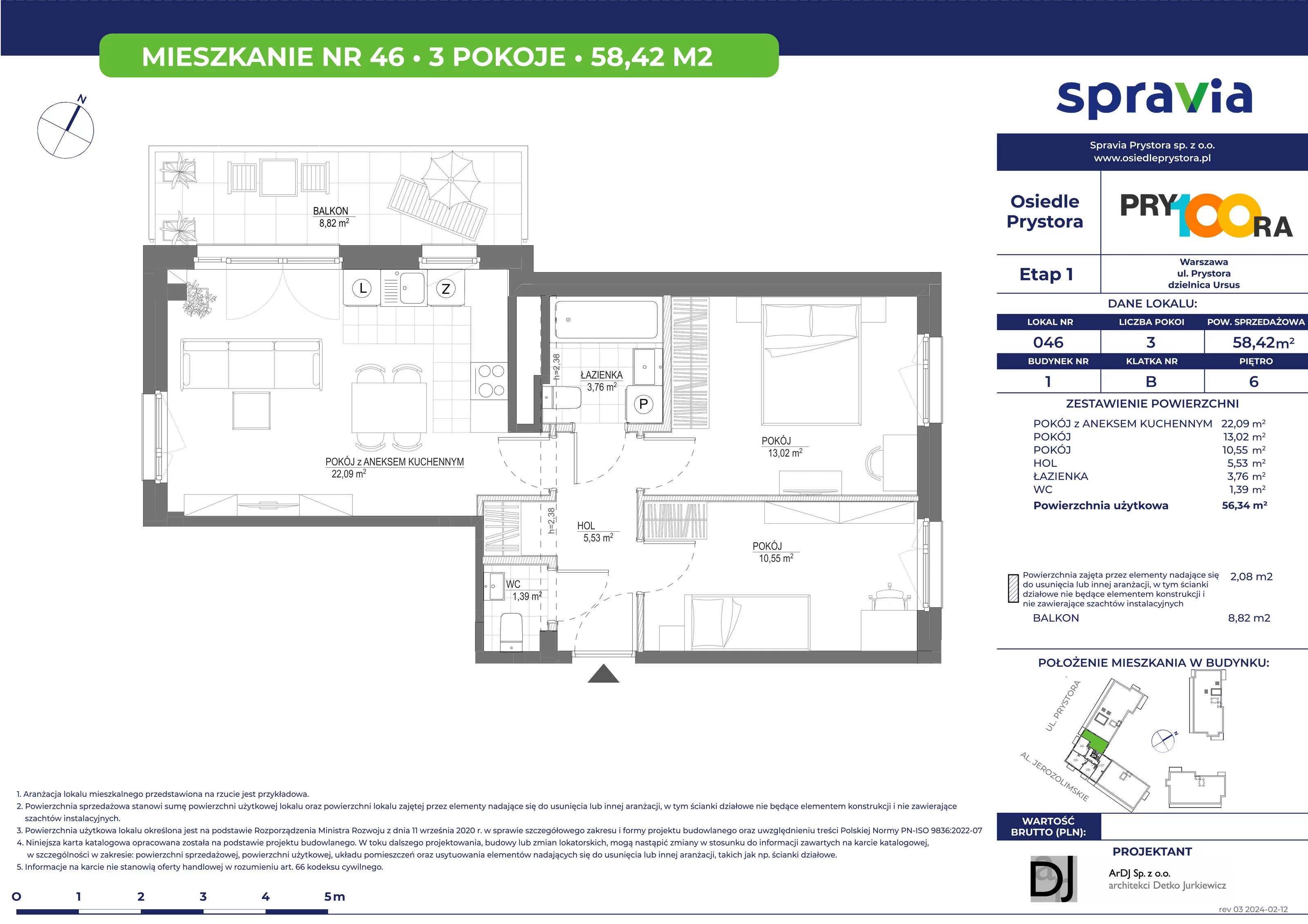 Mieszkanie 58,42 m², piętro 6, oferta nr 46, Osiedle Prystora, Warszawa, Ursus, Skorosze, ul. Prystora