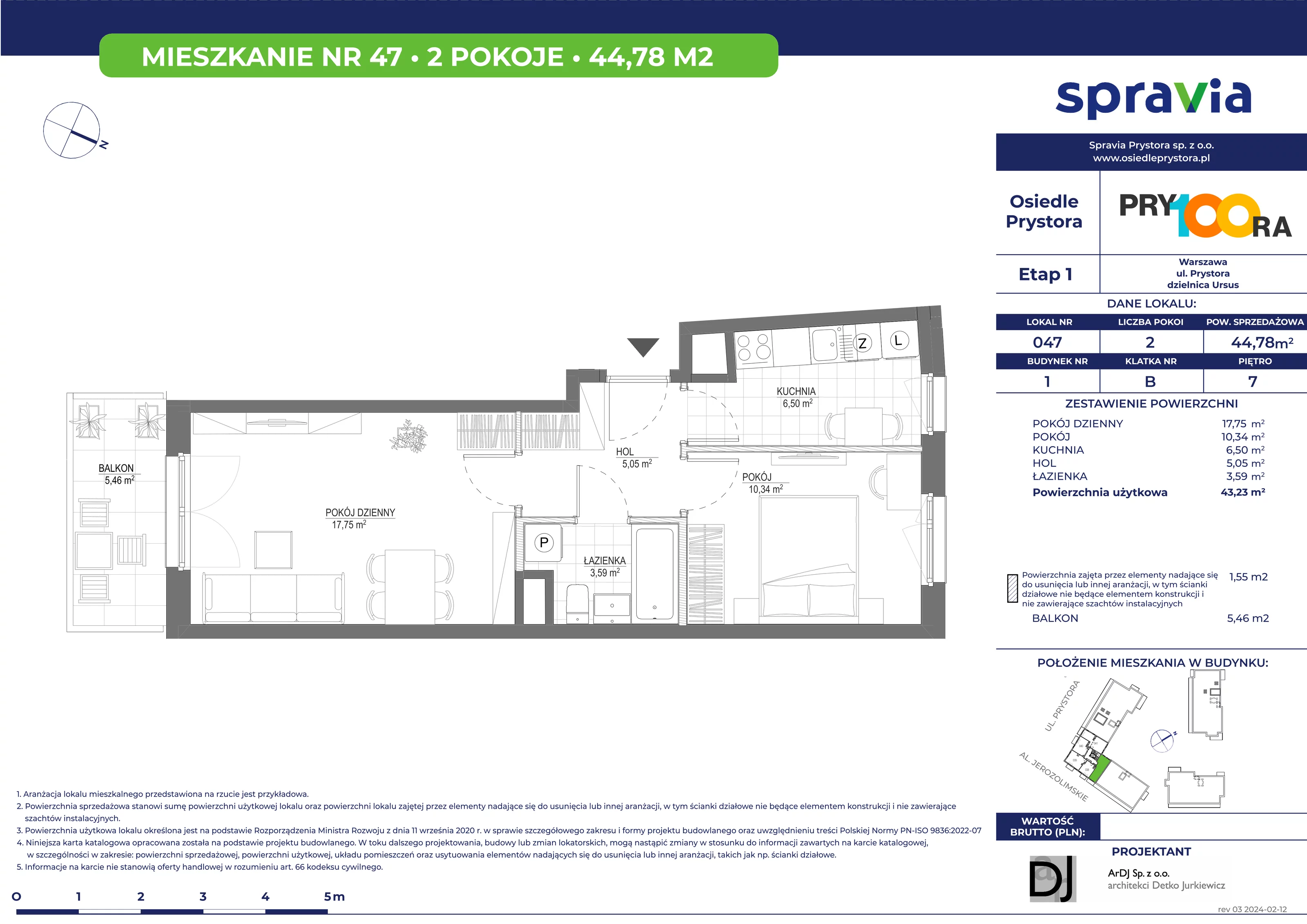 Mieszkanie 44,78 m², piętro 7, oferta nr 47, Osiedle Prystora, Warszawa, Ursus, Skorosze, ul. Prystora