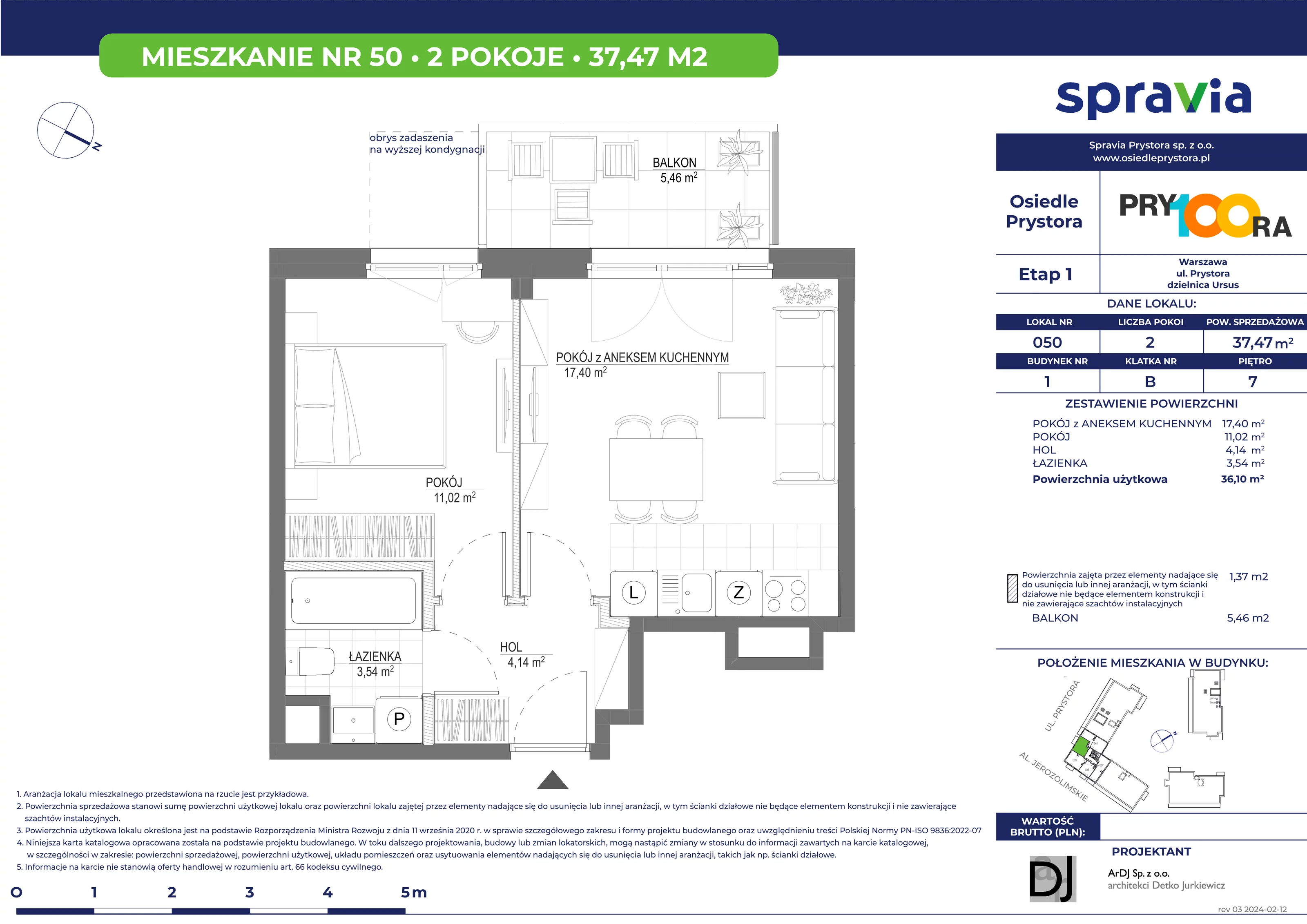 Mieszkanie 37,47 m², piętro 7, oferta nr 50, Osiedle Prystora, Warszawa, Ursus, Skorosze, ul. Prystora