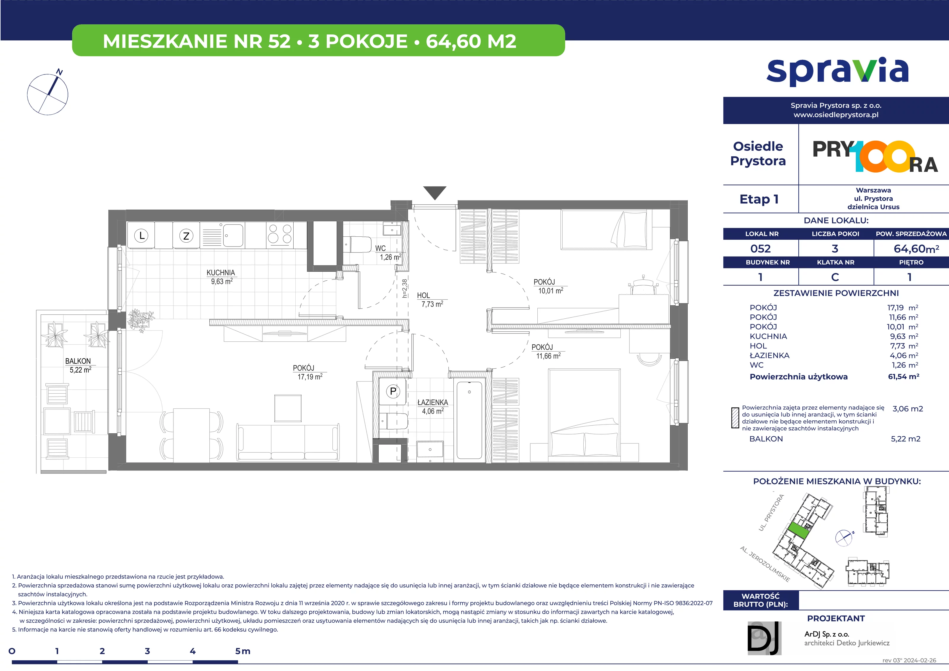 Mieszkanie 64,60 m², piętro 1, oferta nr 52, Osiedle Prystora, Warszawa, Ursus, Skorosze, ul. Prystora