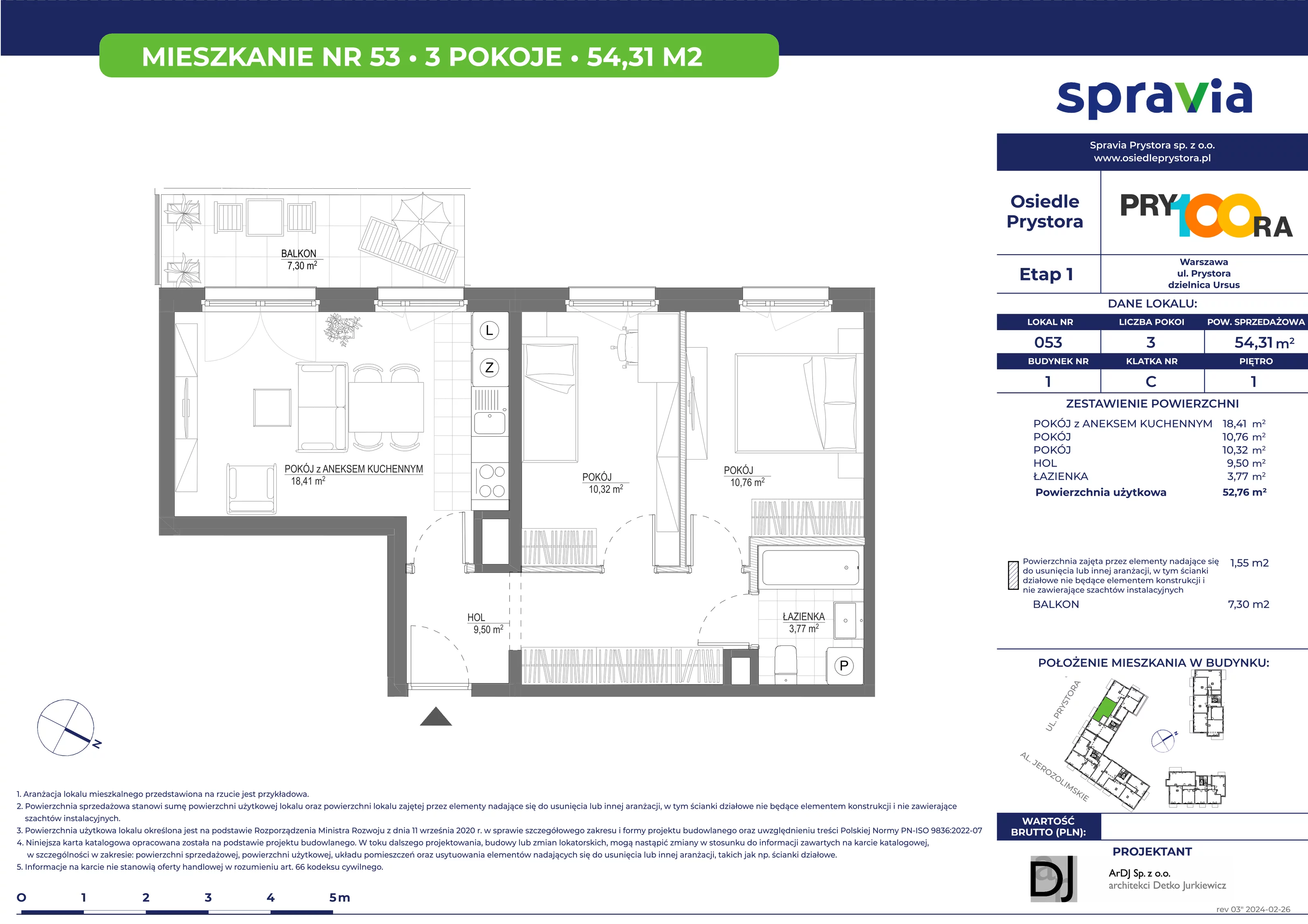 Mieszkanie 54,31 m², piętro 1, oferta nr 53, Osiedle Prystora, Warszawa, Ursus, Skorosze, ul. Prystora