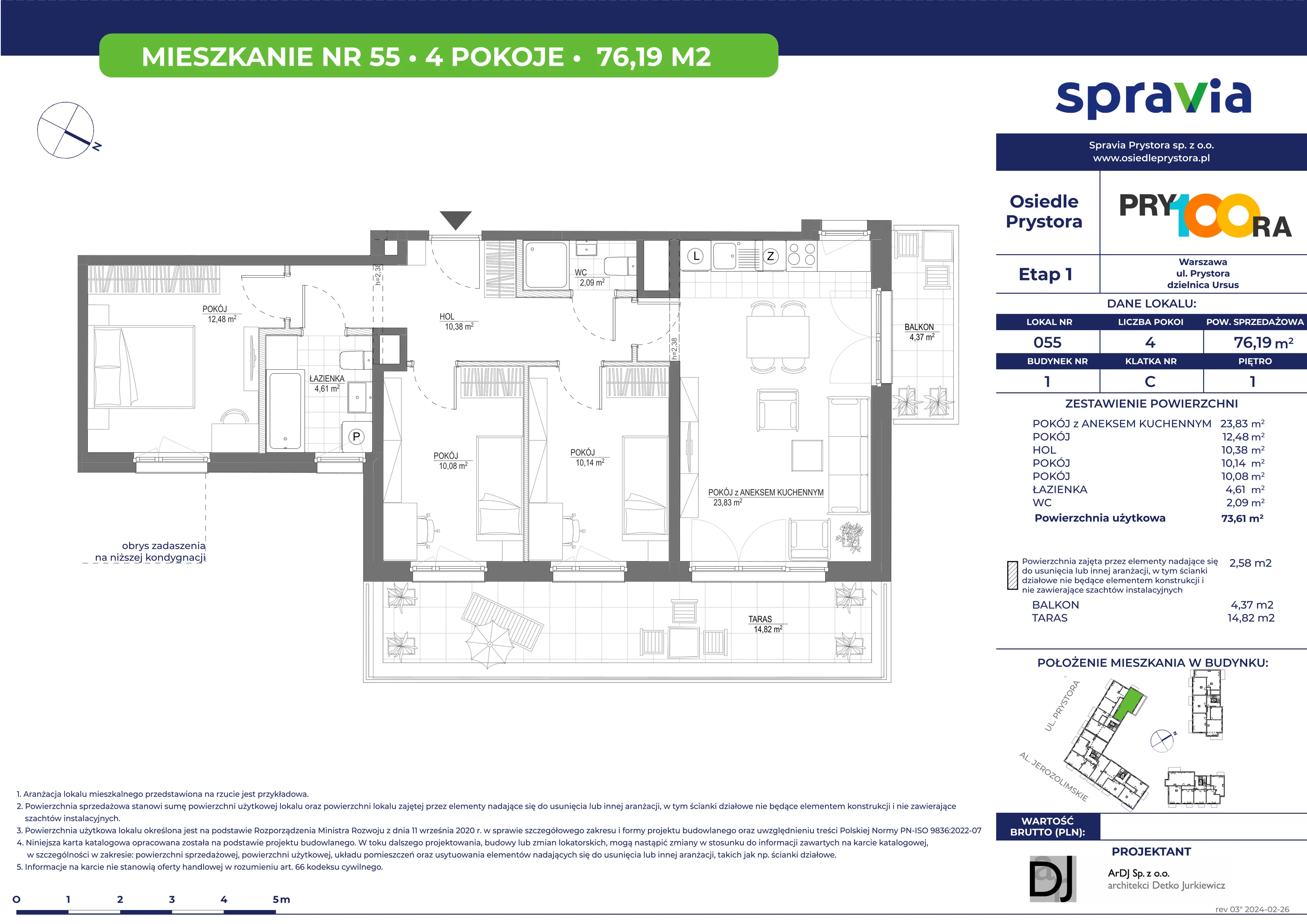 Mieszkanie 76,19 m², piętro 1, oferta nr 55, Osiedle Prystora, Warszawa, Ursus, Skorosze, ul. Prystora