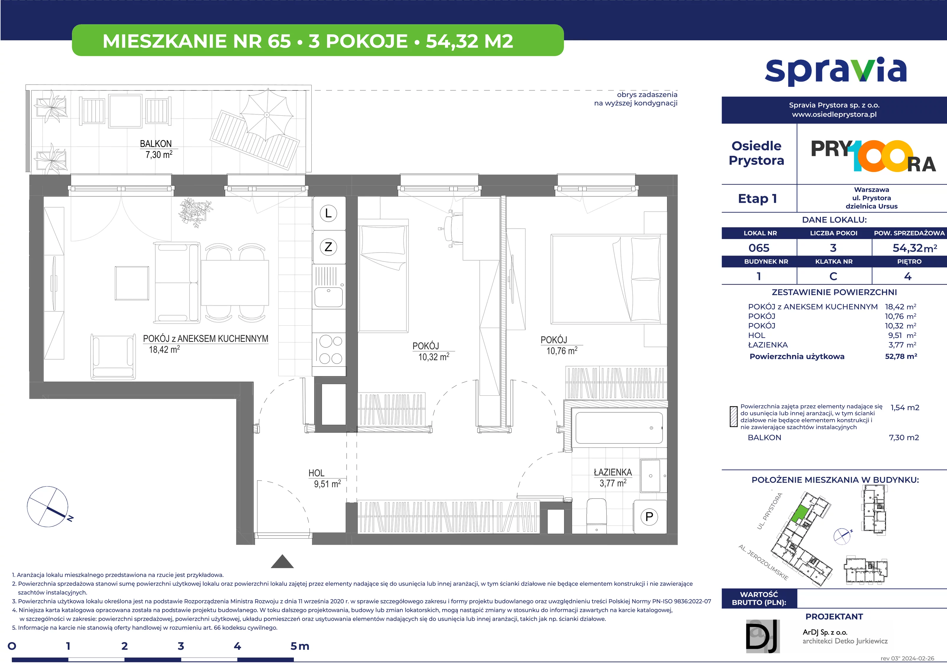 Mieszkanie 54,32 m², piętro 4, oferta nr 65, Osiedle Prystora, Warszawa, Ursus, Skorosze, ul. Prystora