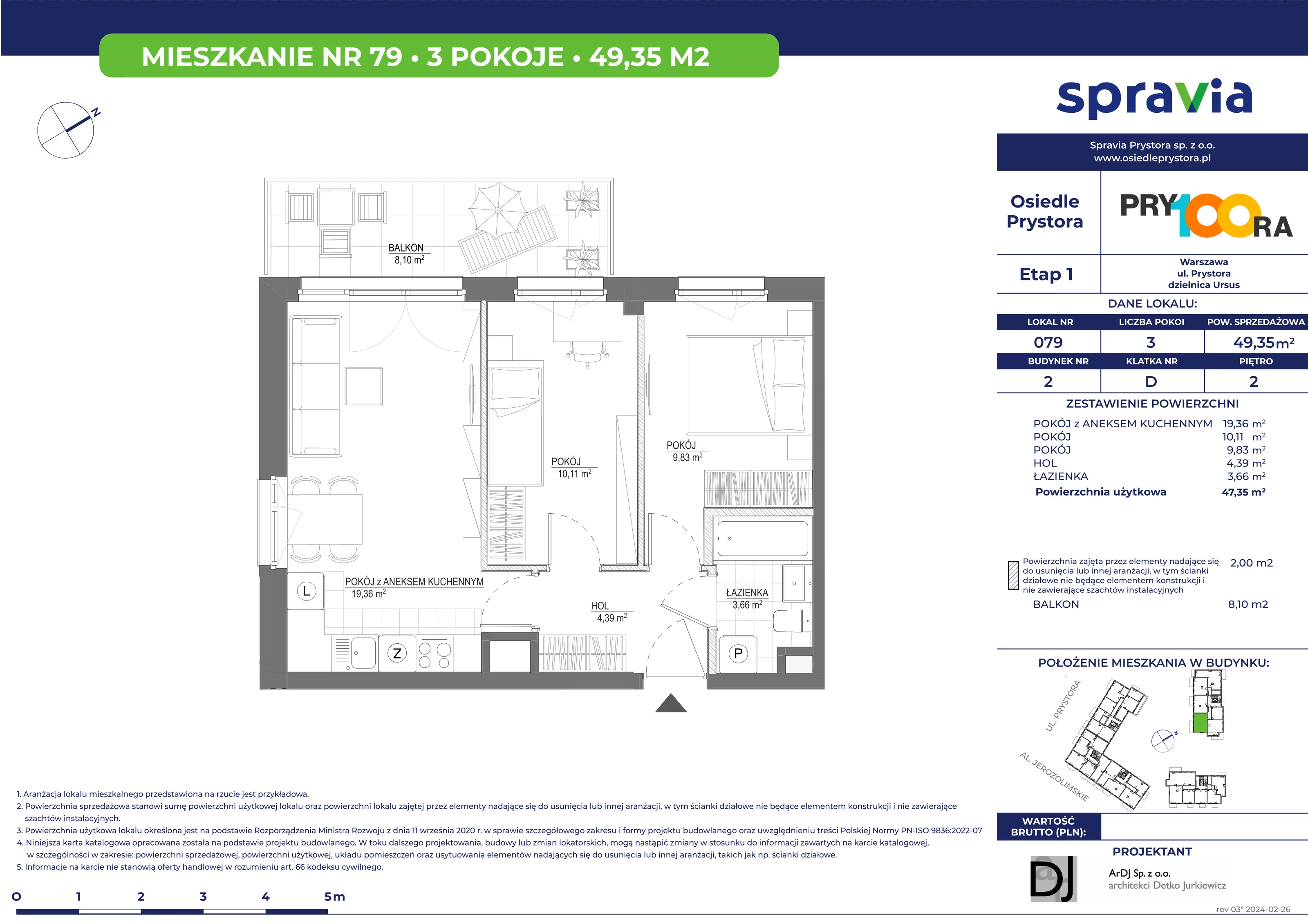 Mieszkanie 49,35 m², piętro 2, oferta nr 79, Osiedle Prystora, Warszawa, Ursus, Skorosze, ul. Prystora