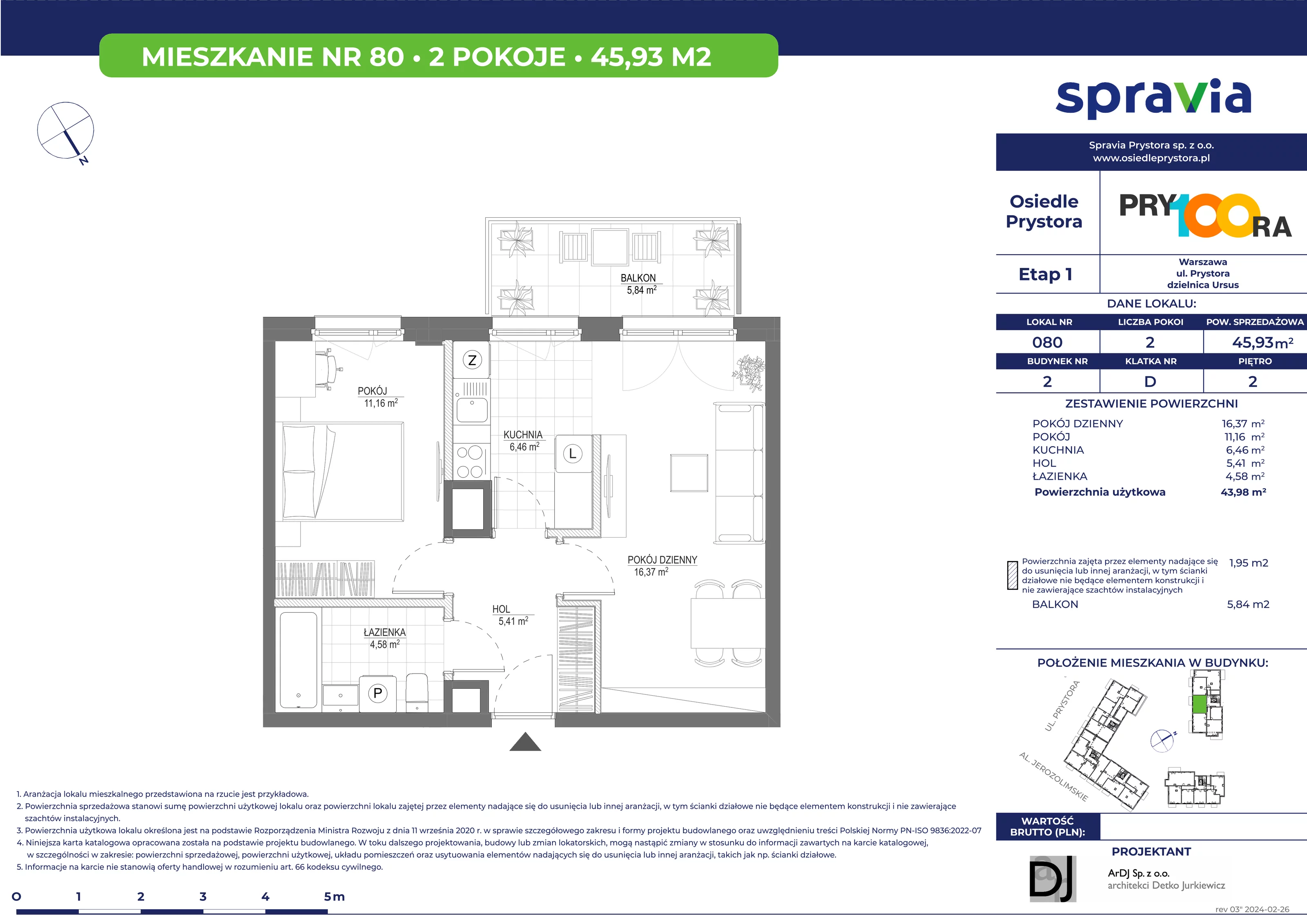 Mieszkanie 45,93 m², piętro 2, oferta nr 80, Osiedle Prystora, Warszawa, Ursus, Skorosze, ul. Prystora