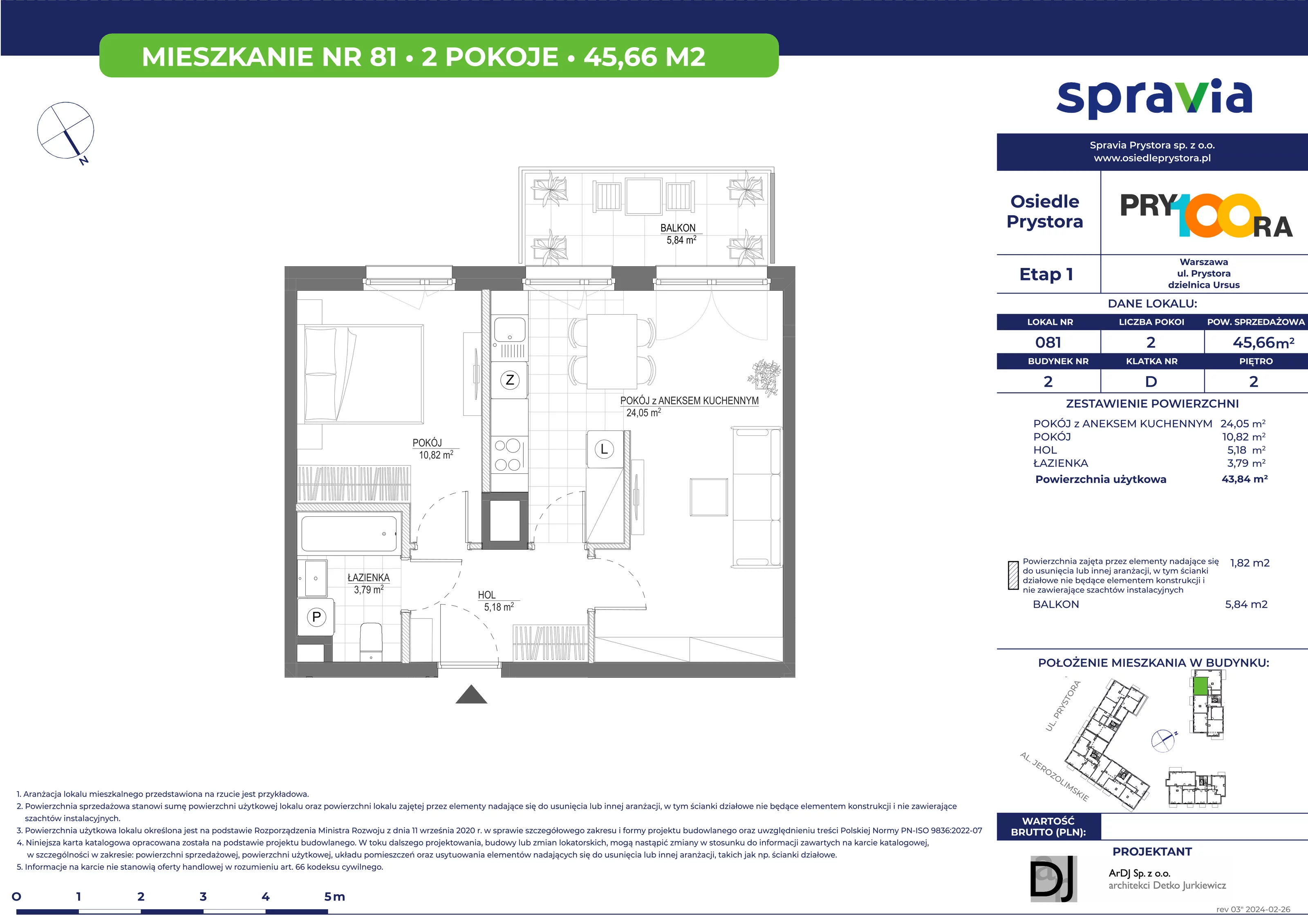 Mieszkanie 45,66 m², piętro 2, oferta nr 81, Osiedle Prystora, Warszawa, Ursus, Skorosze, ul. Prystora