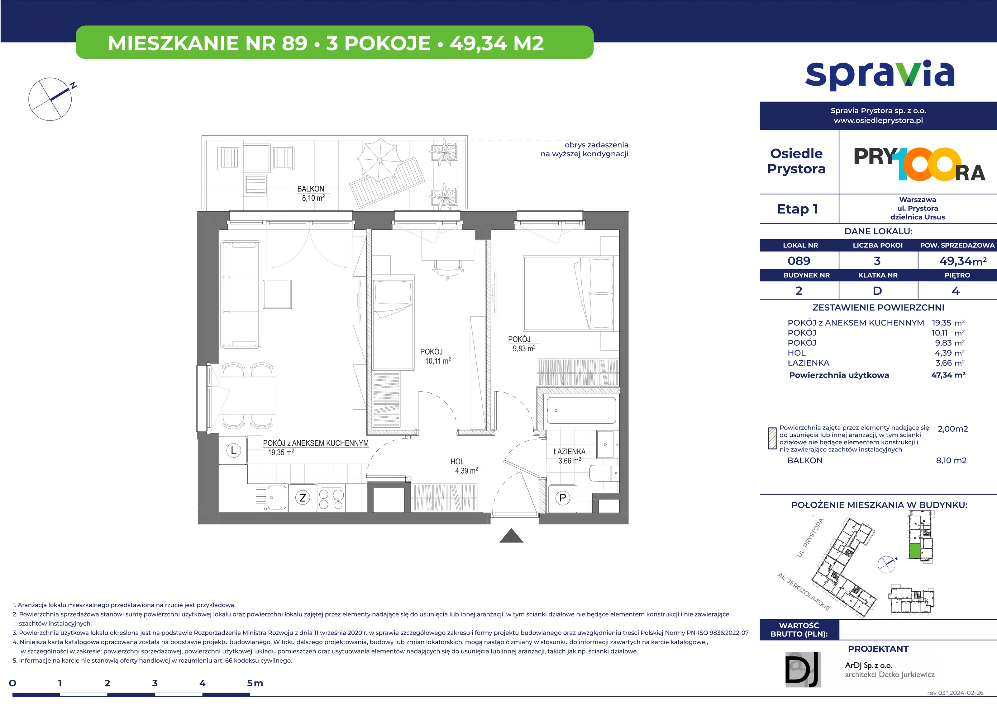 Mieszkanie 49,34 m², piętro 4, oferta nr 89, Osiedle Prystora, Warszawa, Ursus, Skorosze, ul. Prystora