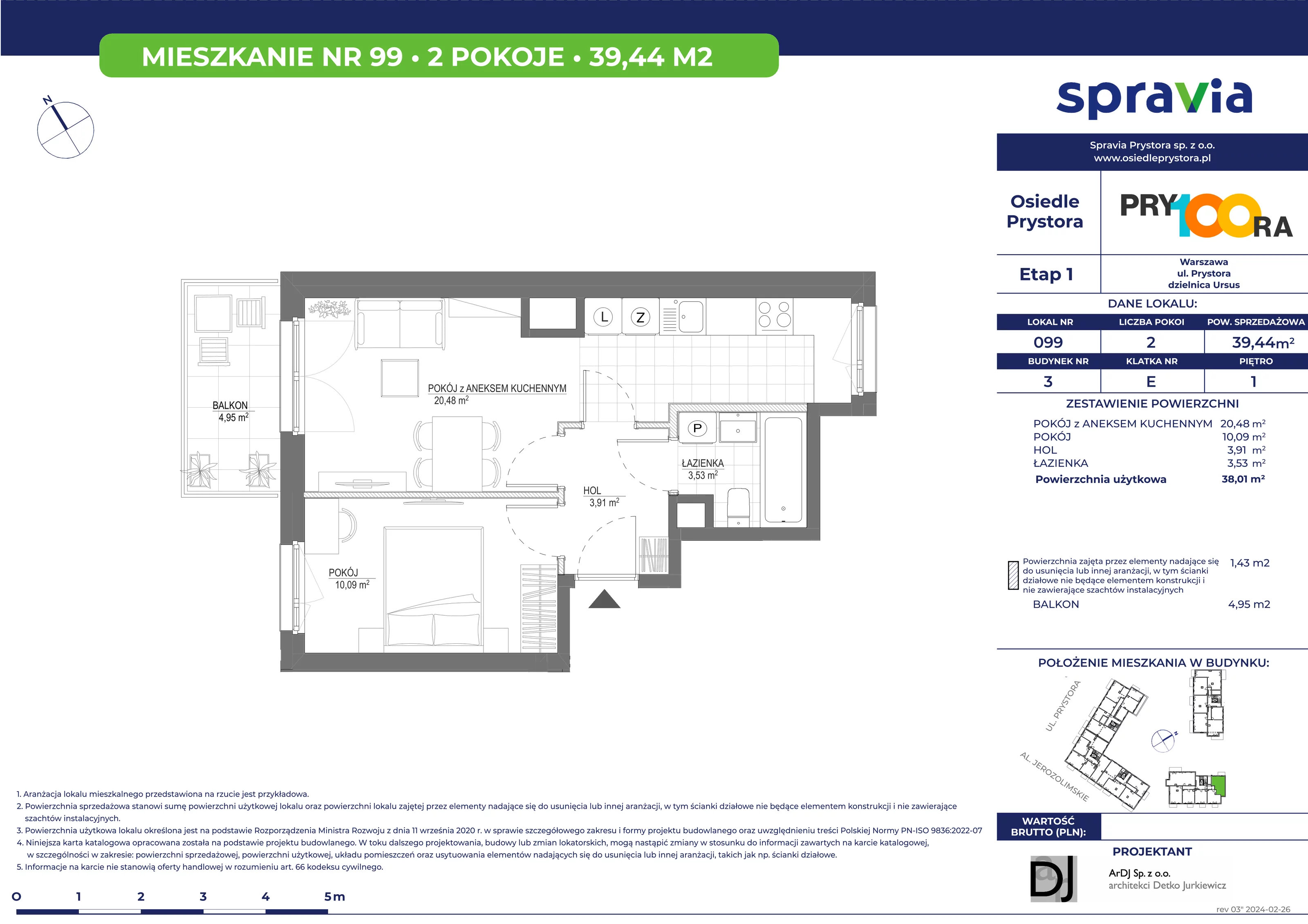 Mieszkanie 39,44 m², piętro 1, oferta nr 99, Osiedle Prystora, Warszawa, Ursus, Skorosze, ul. Prystora