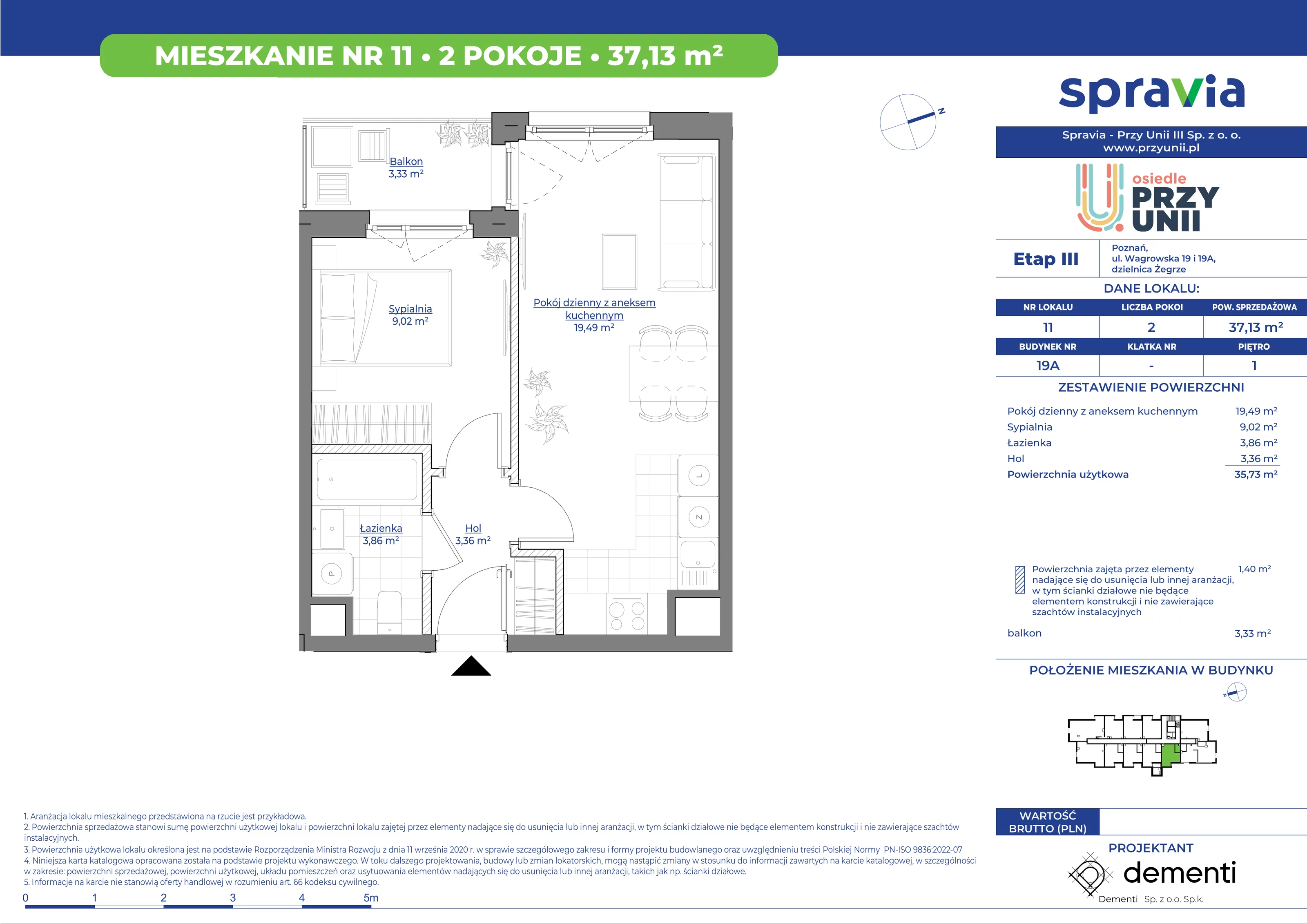 Mieszkanie 37,13 m², piętro 1, oferta nr 19A-11, Przy Unii, Poznań, Żegrze, ul. Wagrowska 19 i 19A