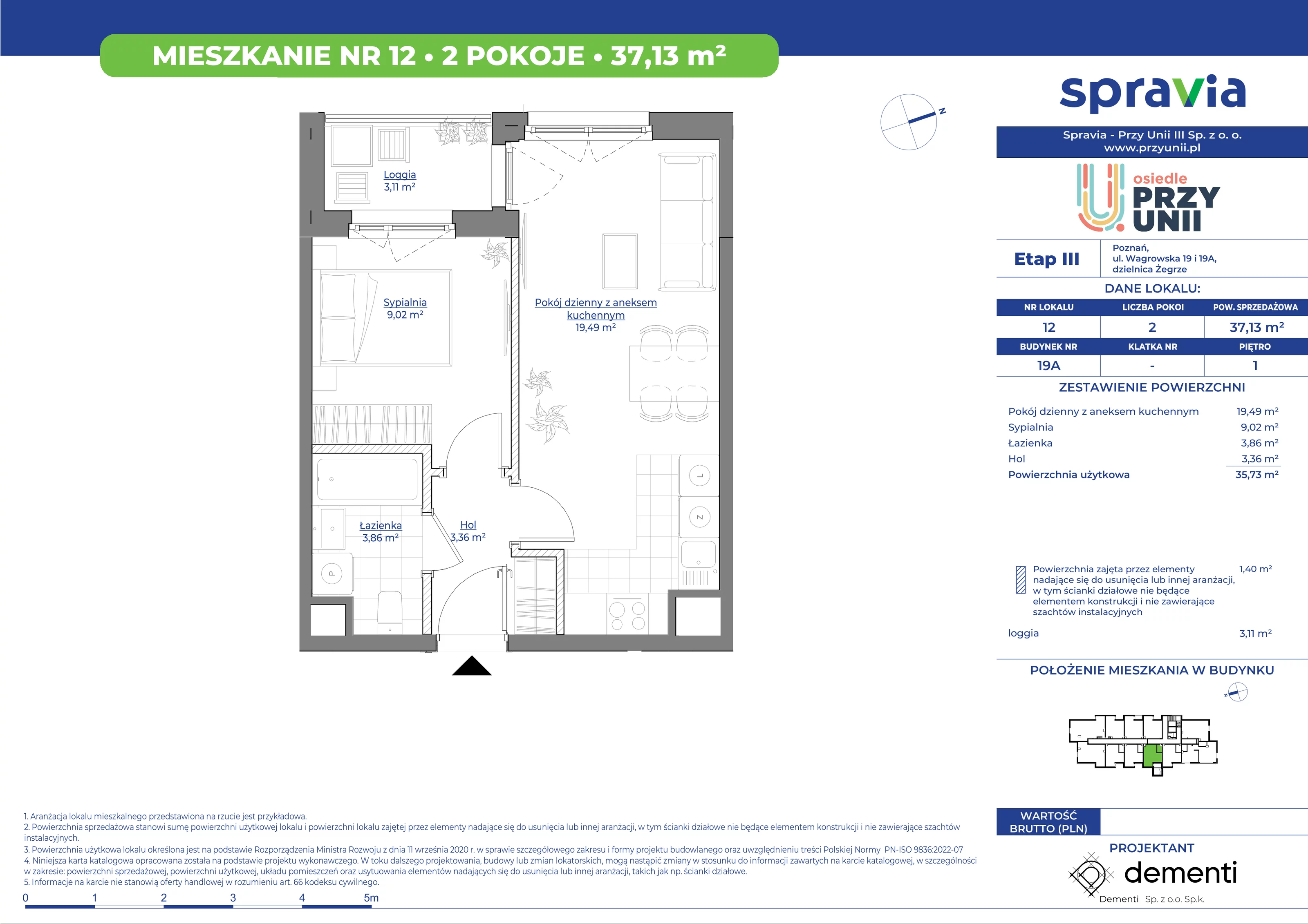 Mieszkanie 37,13 m², piętro 1, oferta nr 19A-12, Przy Unii, Poznań, Żegrze, ul. Wagrowska 19 i 19A