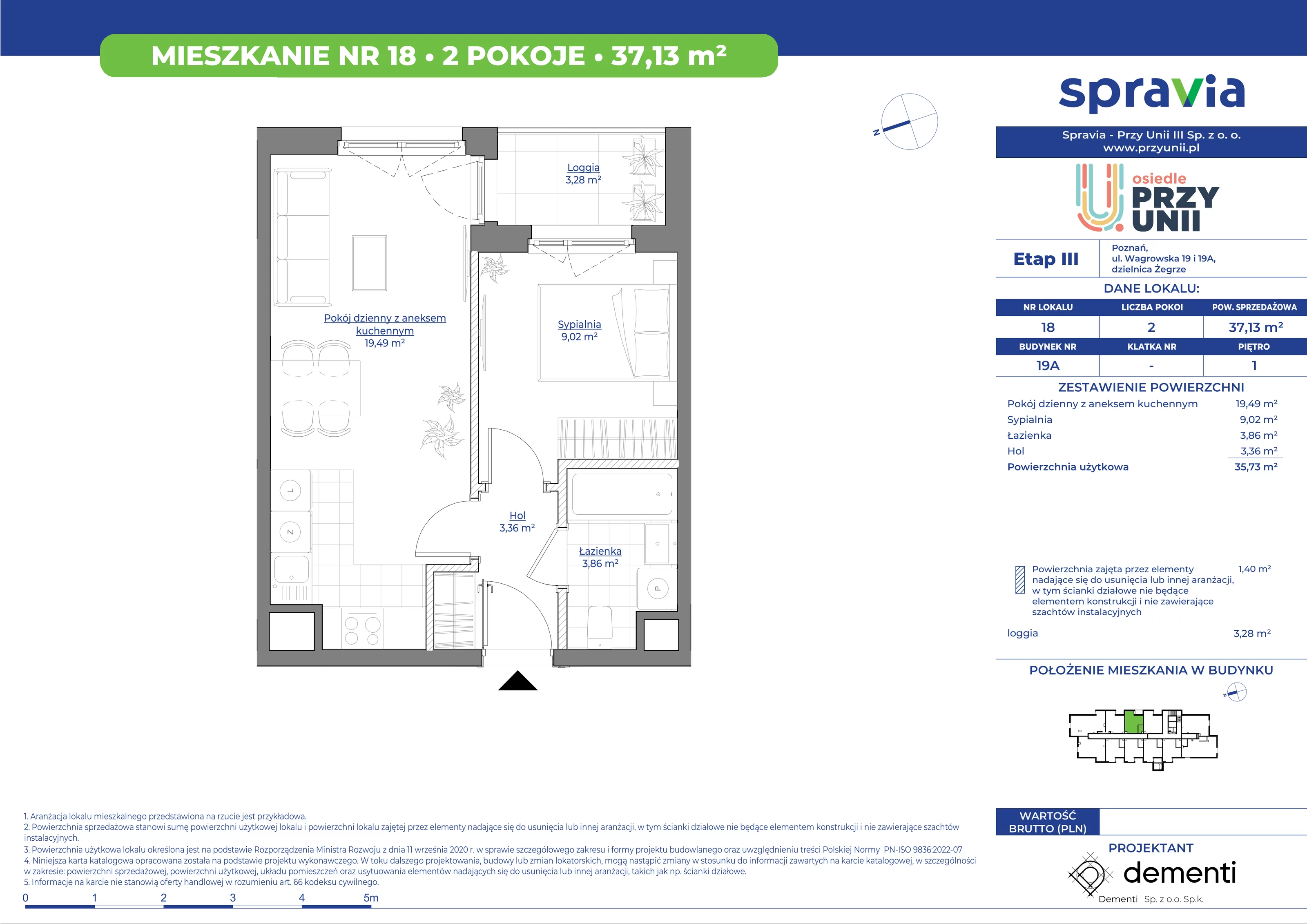 Mieszkanie 37,13 m², piętro 1, oferta nr 19A-18, Przy Unii, Poznań, Żegrze, ul. Wagrowska 19 i 19A