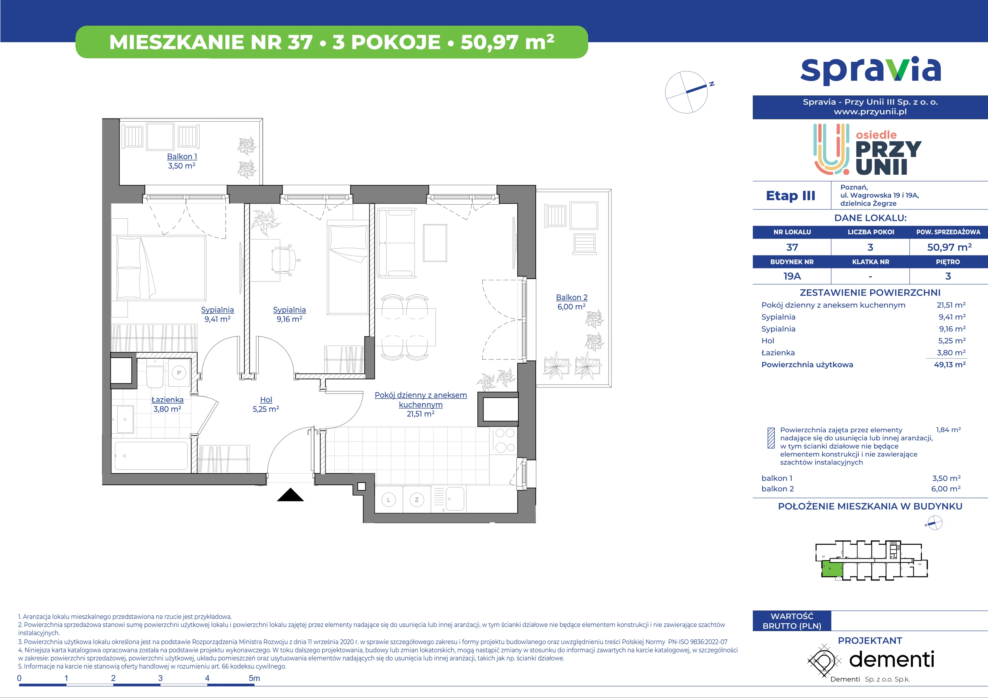 Mieszkanie 50,97 m², piętro 3, oferta nr 19A-37, Przy Unii, Poznań, Żegrze, ul. Wagrowska 19 i 19A