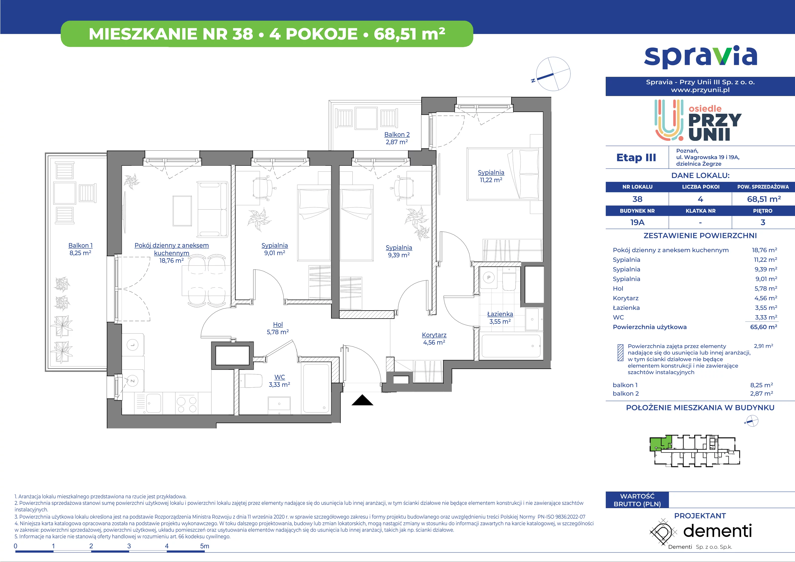 Mieszkanie 68,51 m², piętro 3, oferta nr 19A-38, Przy Unii, Poznań, Żegrze, ul. Wagrowska 19 i 19A