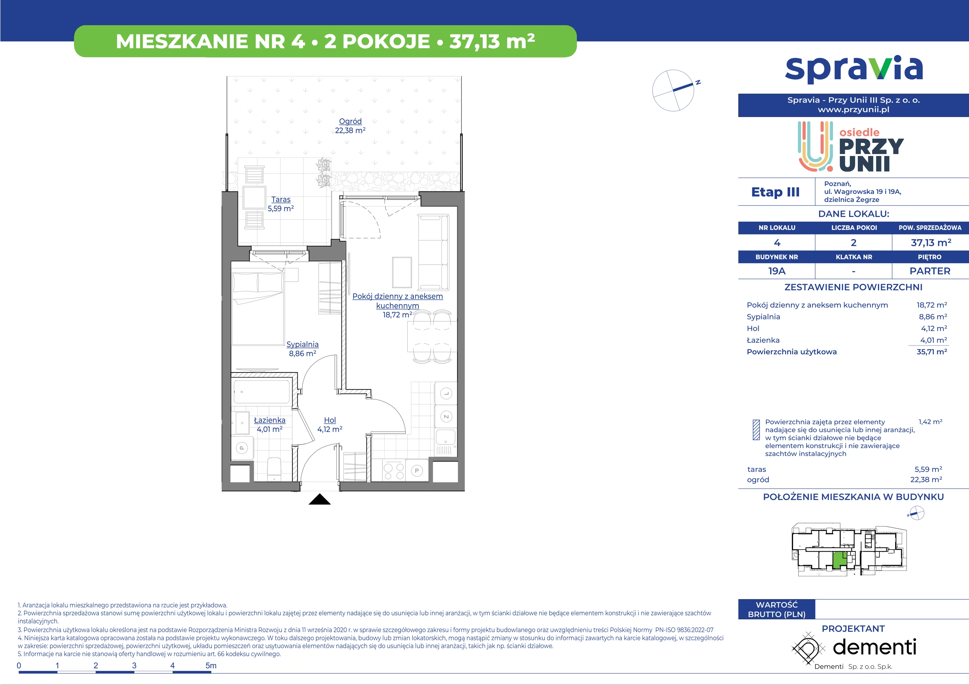 Mieszkanie 37,13 m², parter, oferta nr 19A-4, Przy Unii, Poznań, Żegrze, ul. Wagrowska 19 i 19A