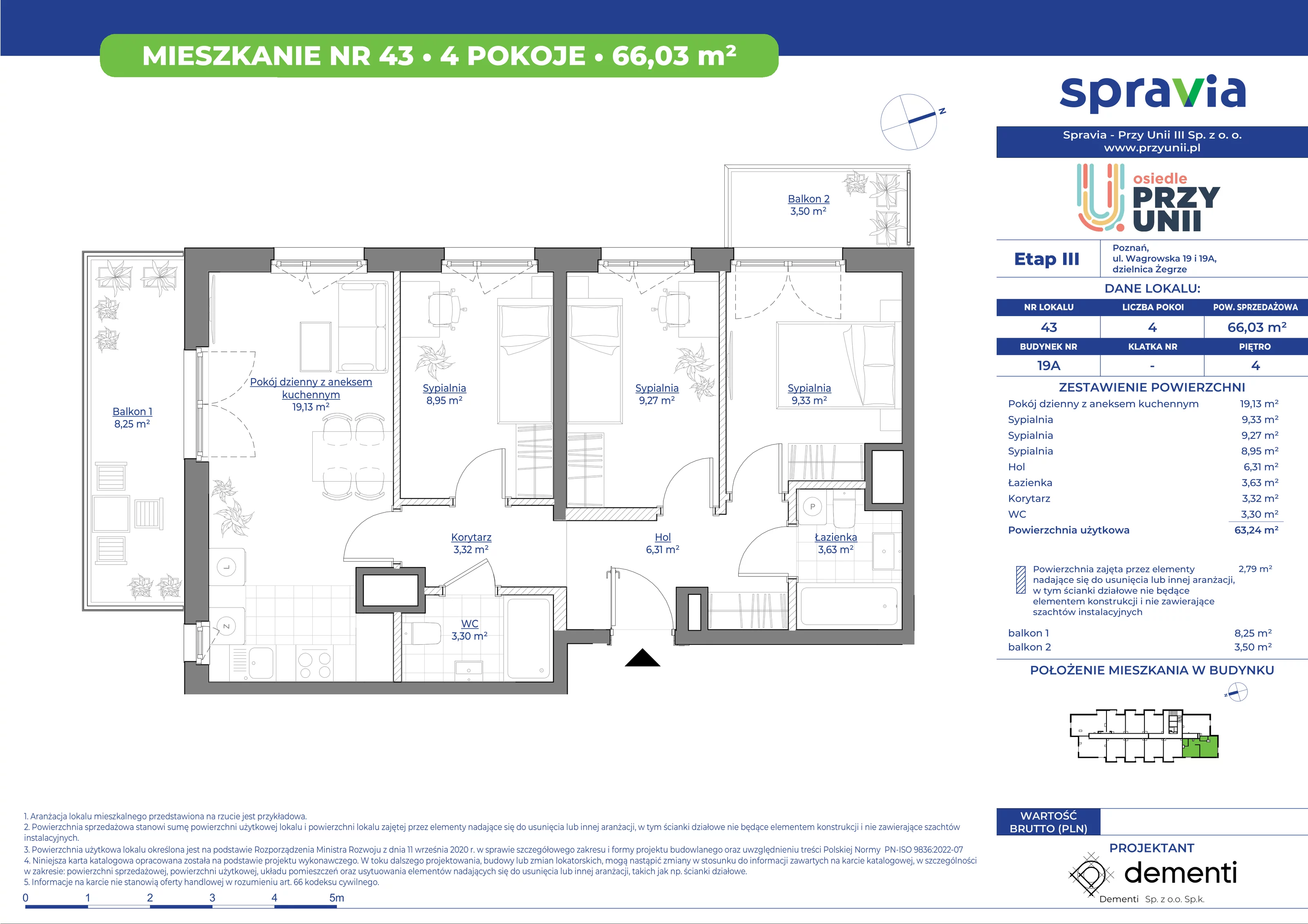 Mieszkanie 66,03 m², piętro 4, oferta nr 19A-43, Przy Unii, Poznań, Żegrze, ul. Wagrowska 19 i 19A