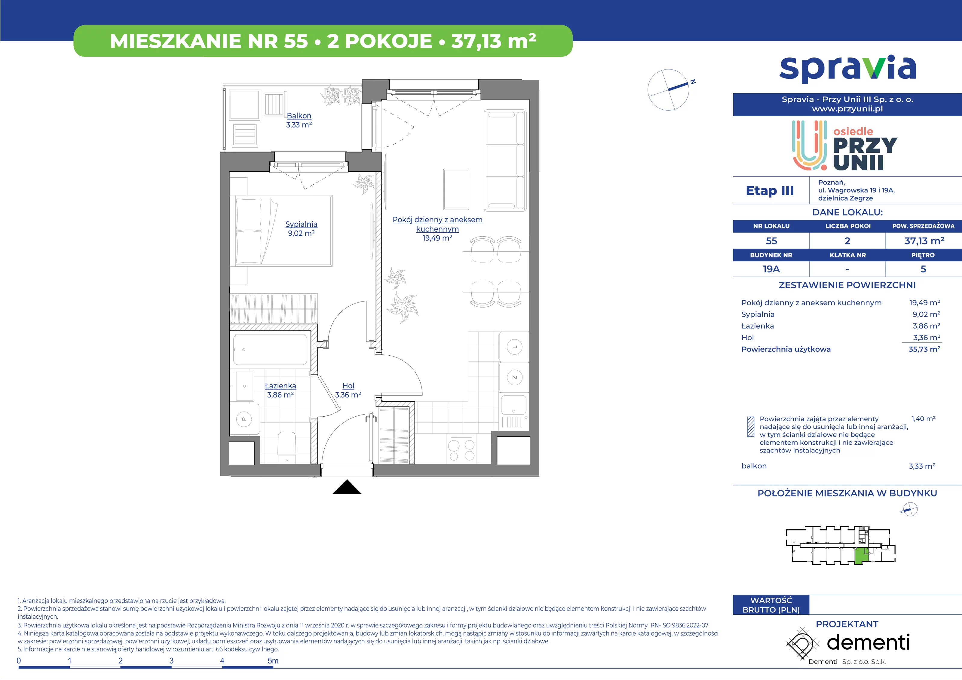 Mieszkanie 37,13 m², piętro 5, oferta nr 19A-55, Przy Unii, Poznań, Żegrze, ul. Wagrowska 19 i 19A