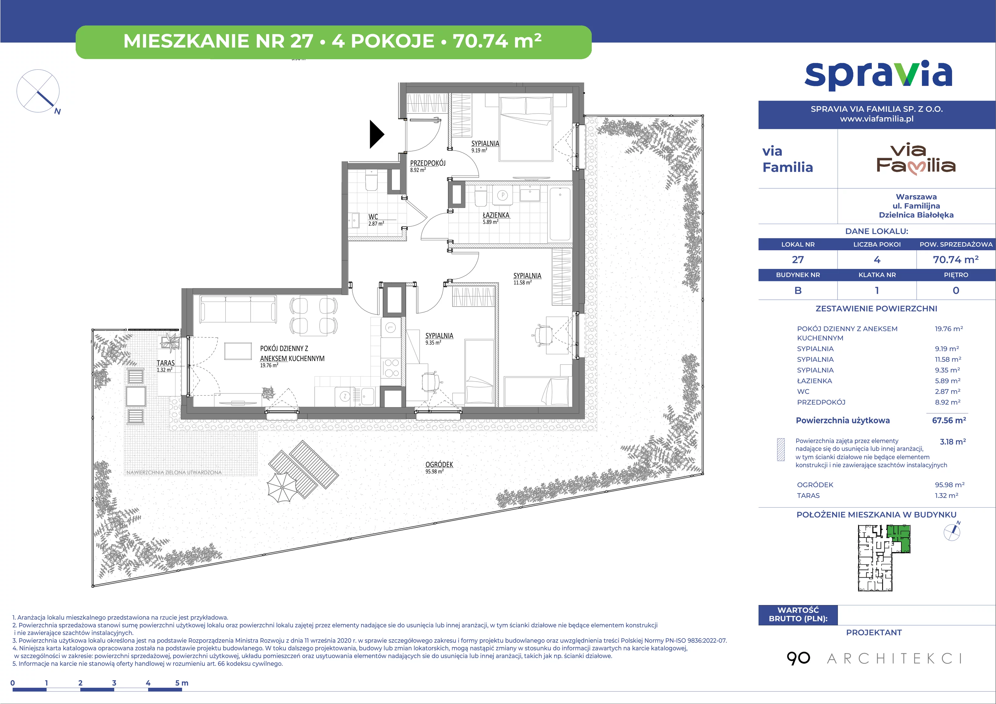 Mieszkanie 70,74 m², parter, oferta nr 27, Via Familia, Warszawa, Białołęka, Żerań, ul. Familijna 9