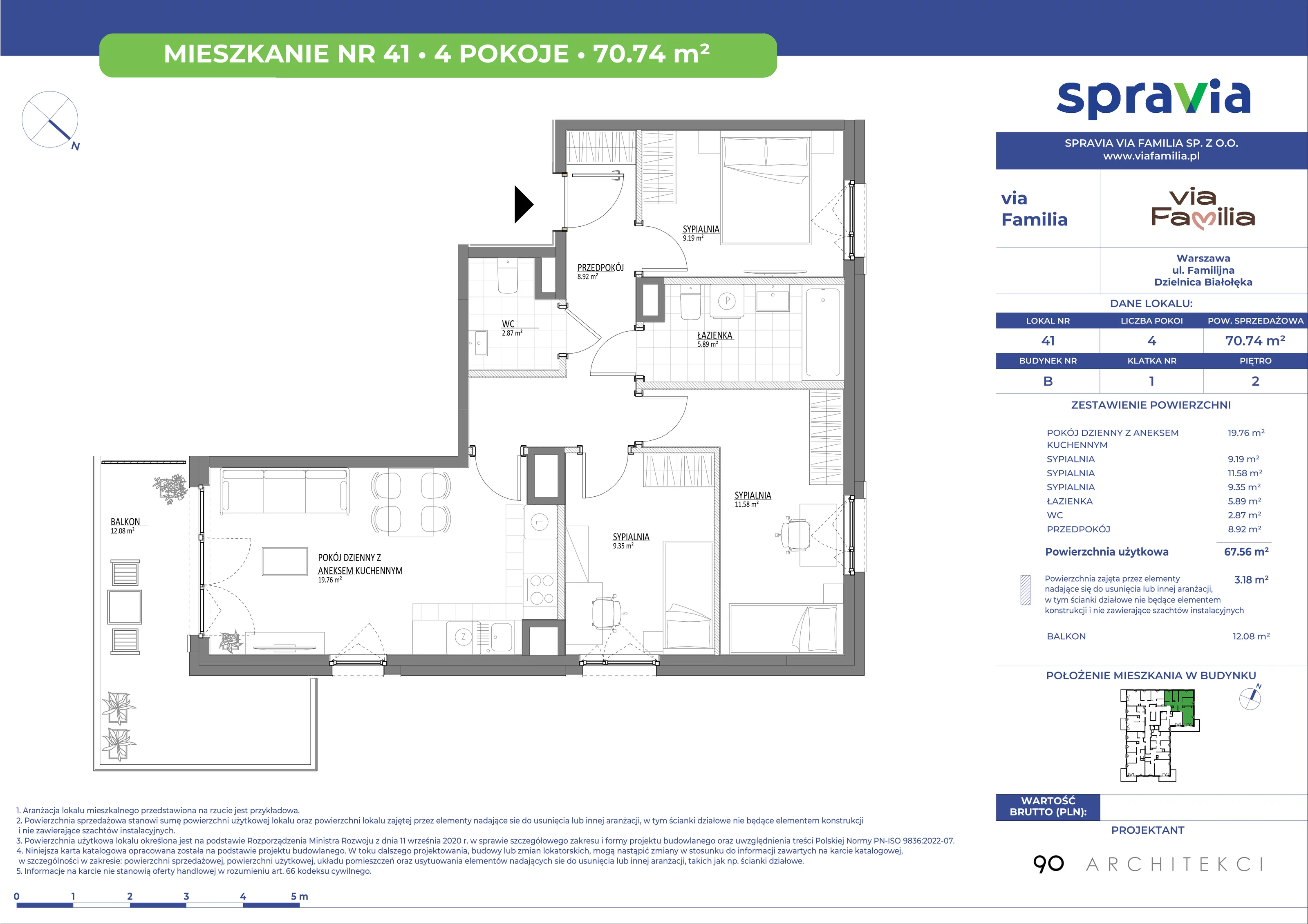 Mieszkanie 70,74 m², piętro 2, oferta nr 41, Via Familia, Warszawa, Białołęka, Żerań, ul. Familijna 9