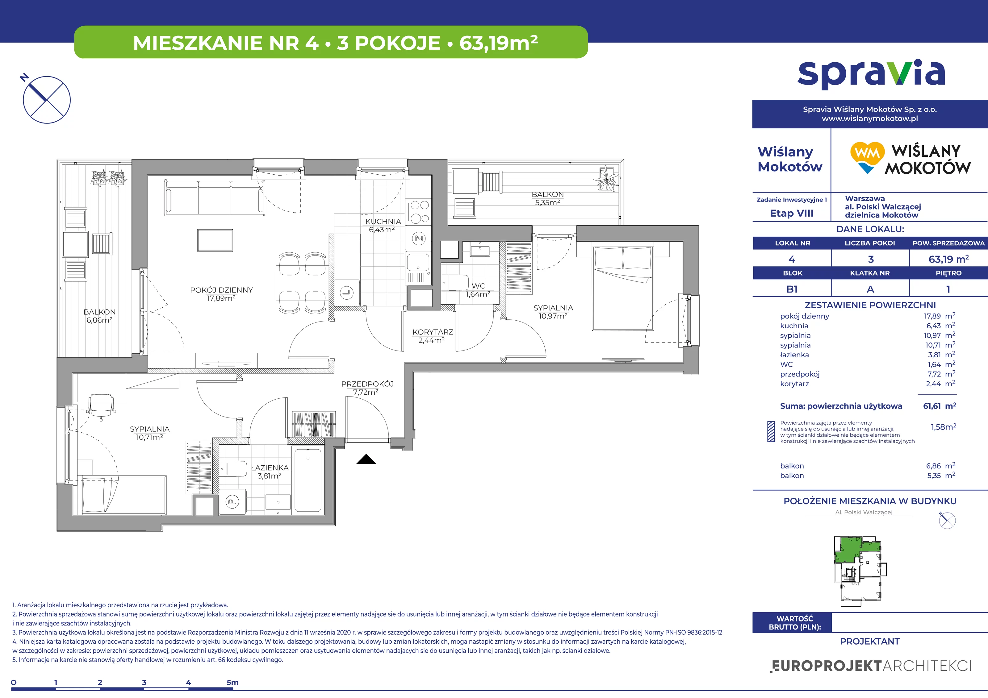 Mieszkanie 63,19 m², piętro 1, oferta nr 4, Wiślany Mokotów, Warszawa, Mokotów, Czerniaków, Al. Polski Walczącej