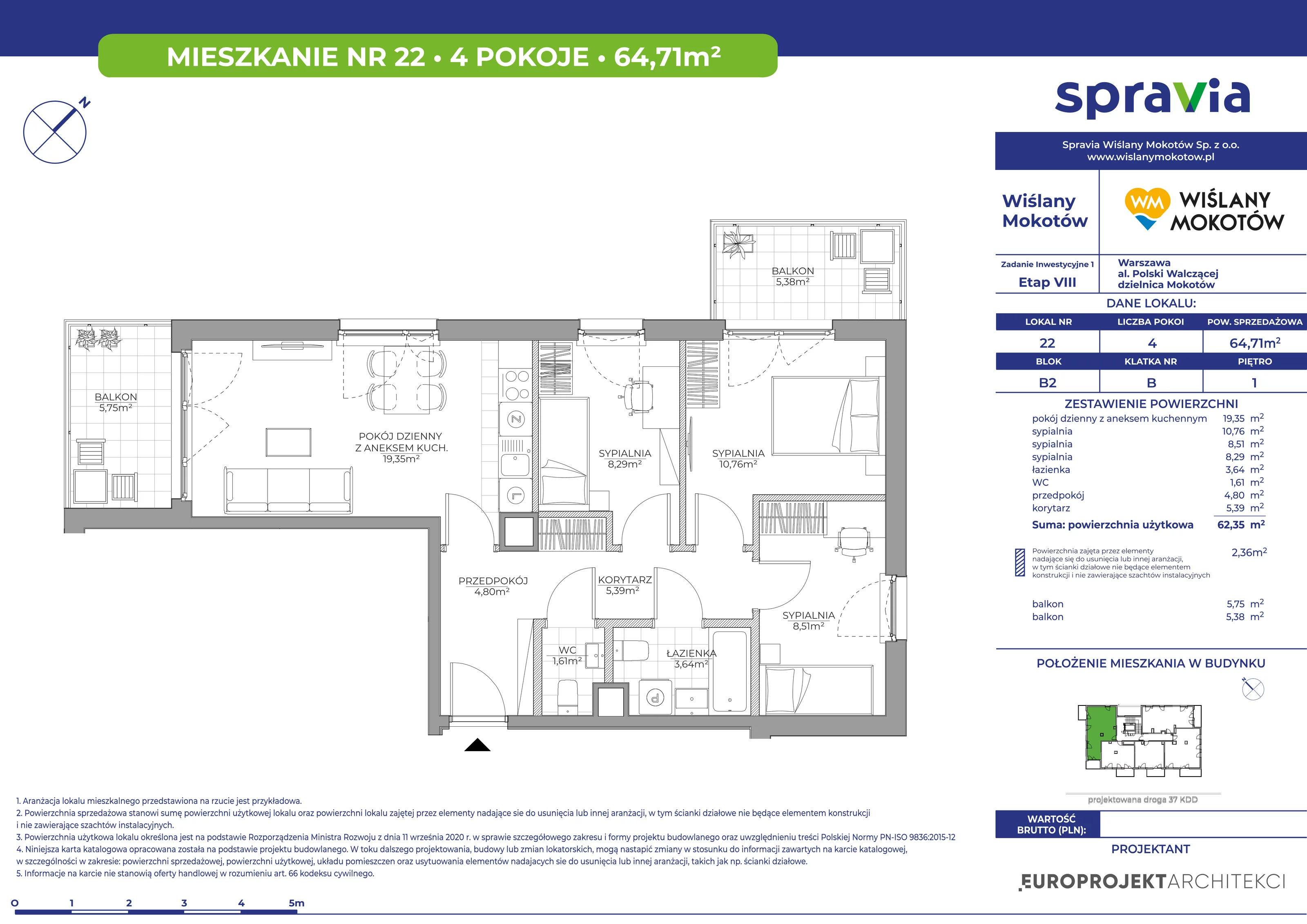 Mieszkanie 64,71 m², piętro 1, oferta nr 22, Wiślany Mokotów, Warszawa, Mokotów, Czerniaków, Al. Polski Walczącej