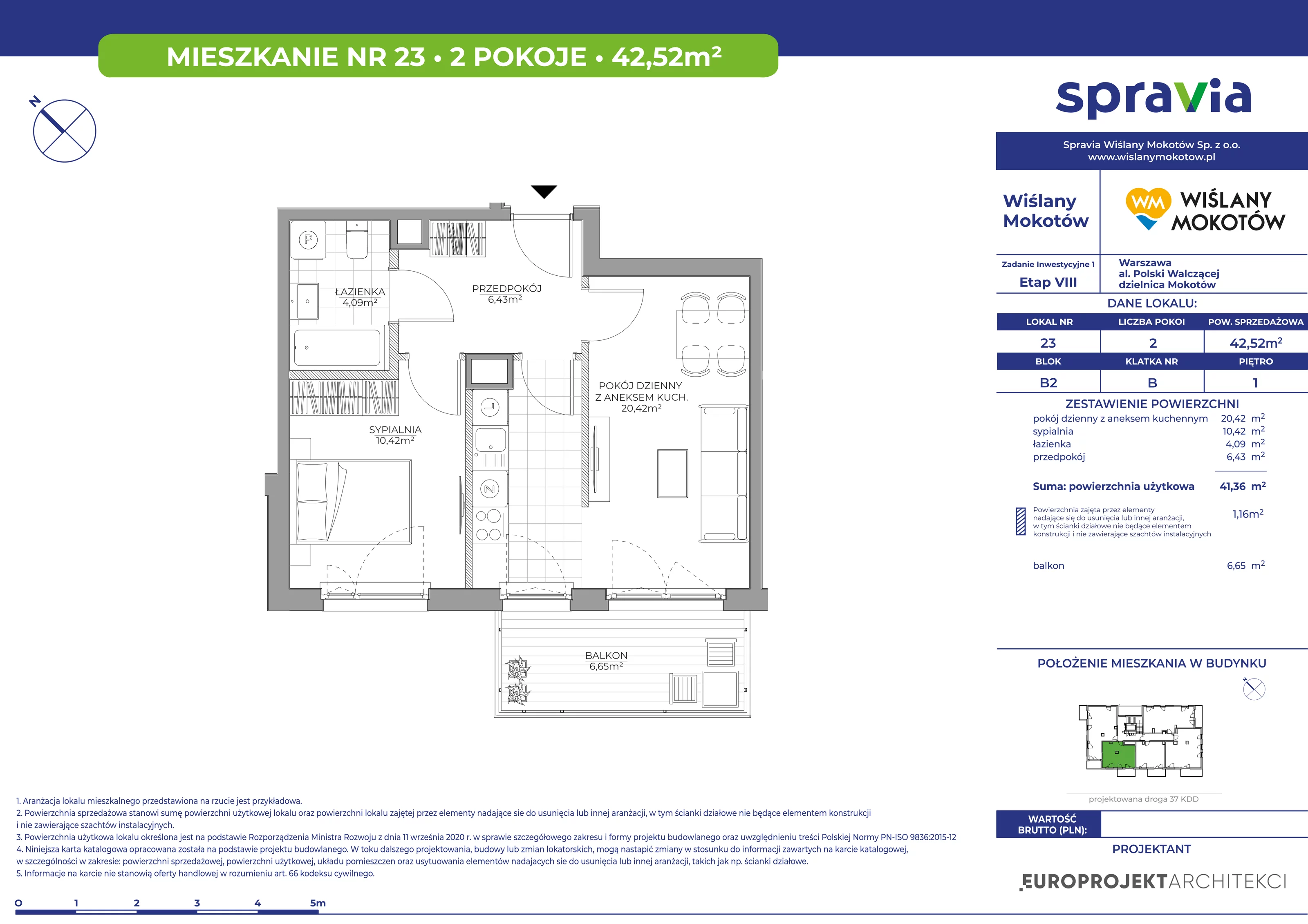 Mieszkanie 42,52 m², piętro 1, oferta nr 23, Wiślany Mokotów, Warszawa, Mokotów, Czerniaków, Al. Polski Walczącej