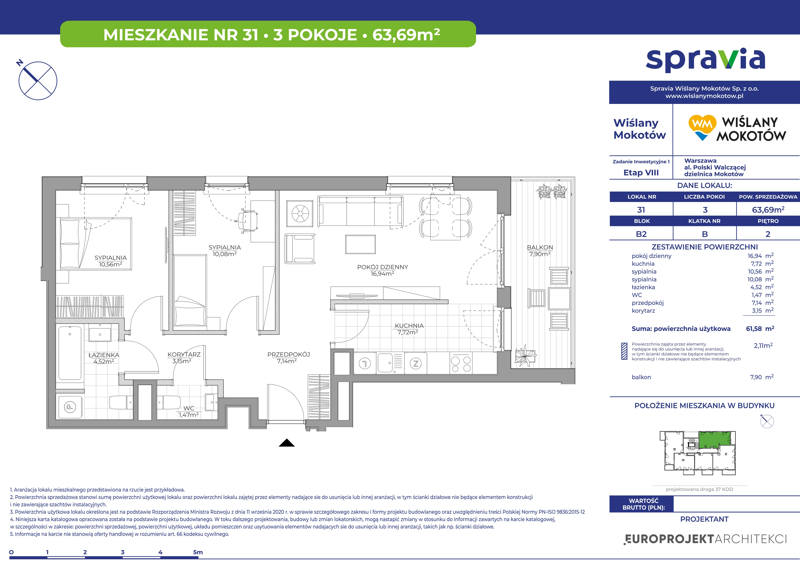 Mieszkanie 63,69 m², piętro 2, oferta nr 31, Wiślany Mokotów, Warszawa, Mokotów, Czerniaków, Al. Polski Walczącej