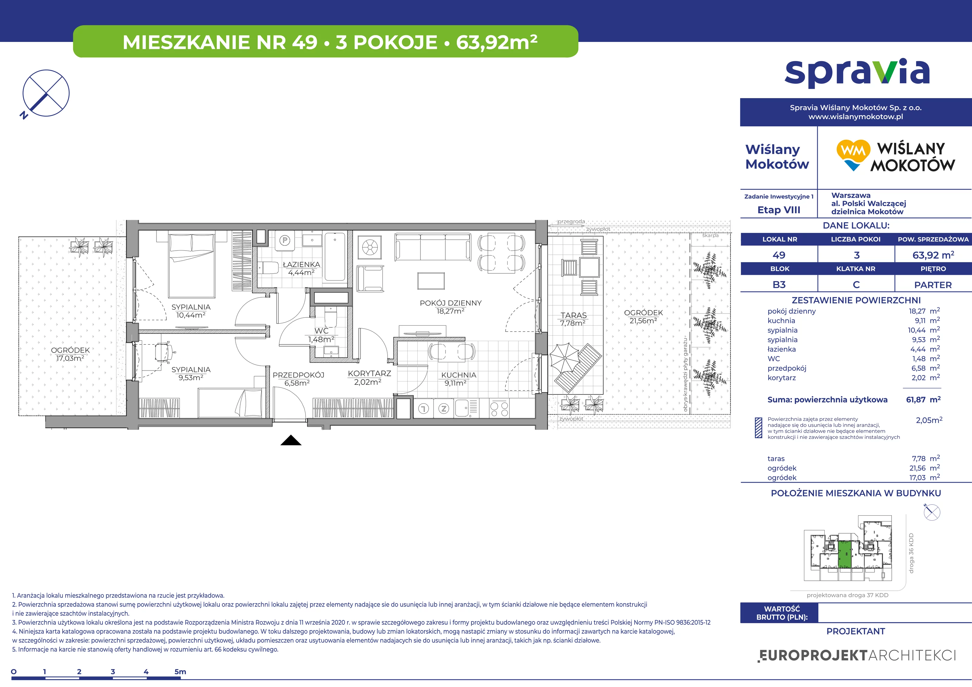 Mieszkanie 63,92 m², parter, oferta nr 49, Wiślany Mokotów, Warszawa, Mokotów, Czerniaków, Al. Polski Walczącej