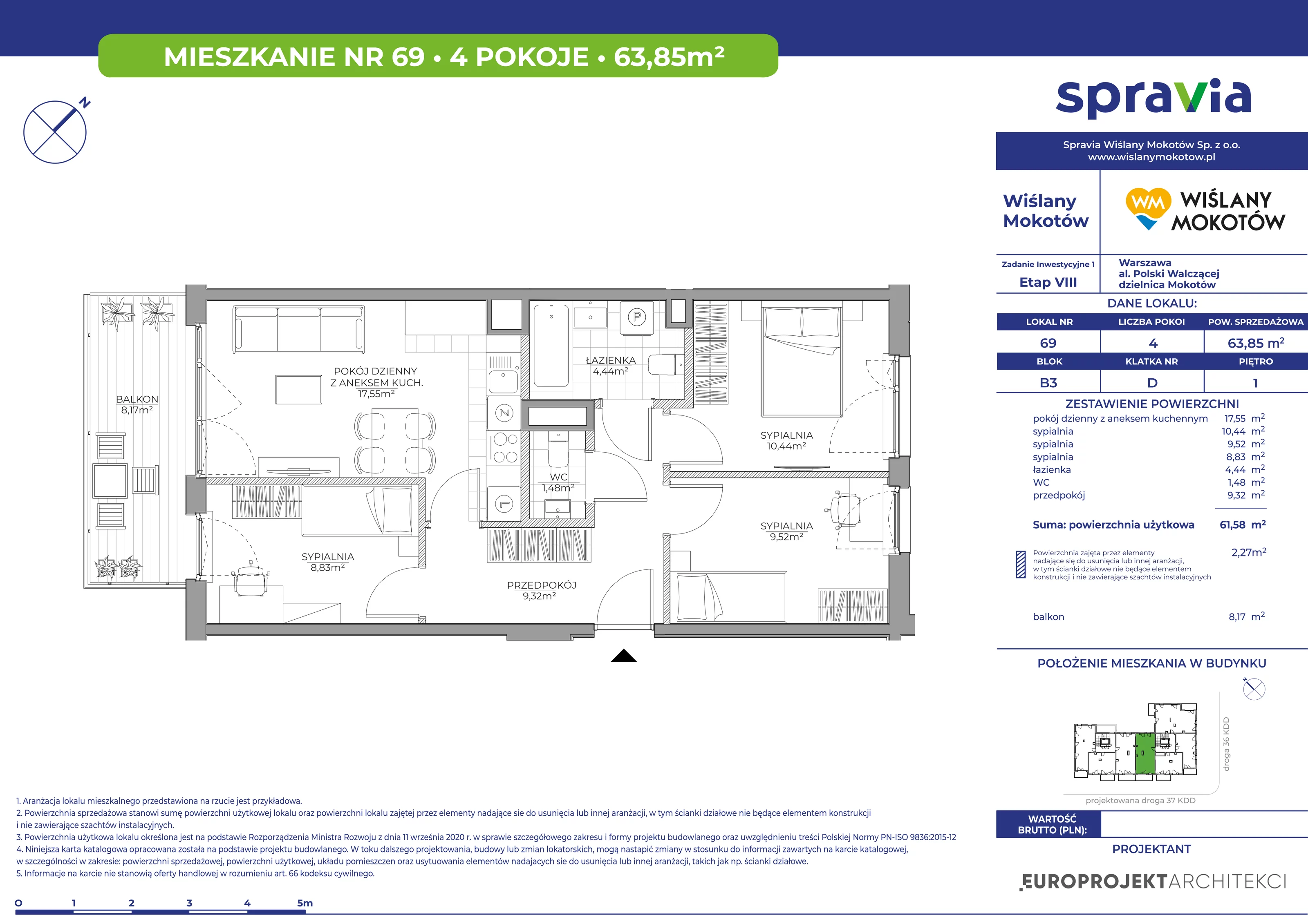 Mieszkanie 63,85 m², piętro 1, oferta nr 69, Wiślany Mokotów, Warszawa, Mokotów, Czerniaków, Al. Polski Walczącej