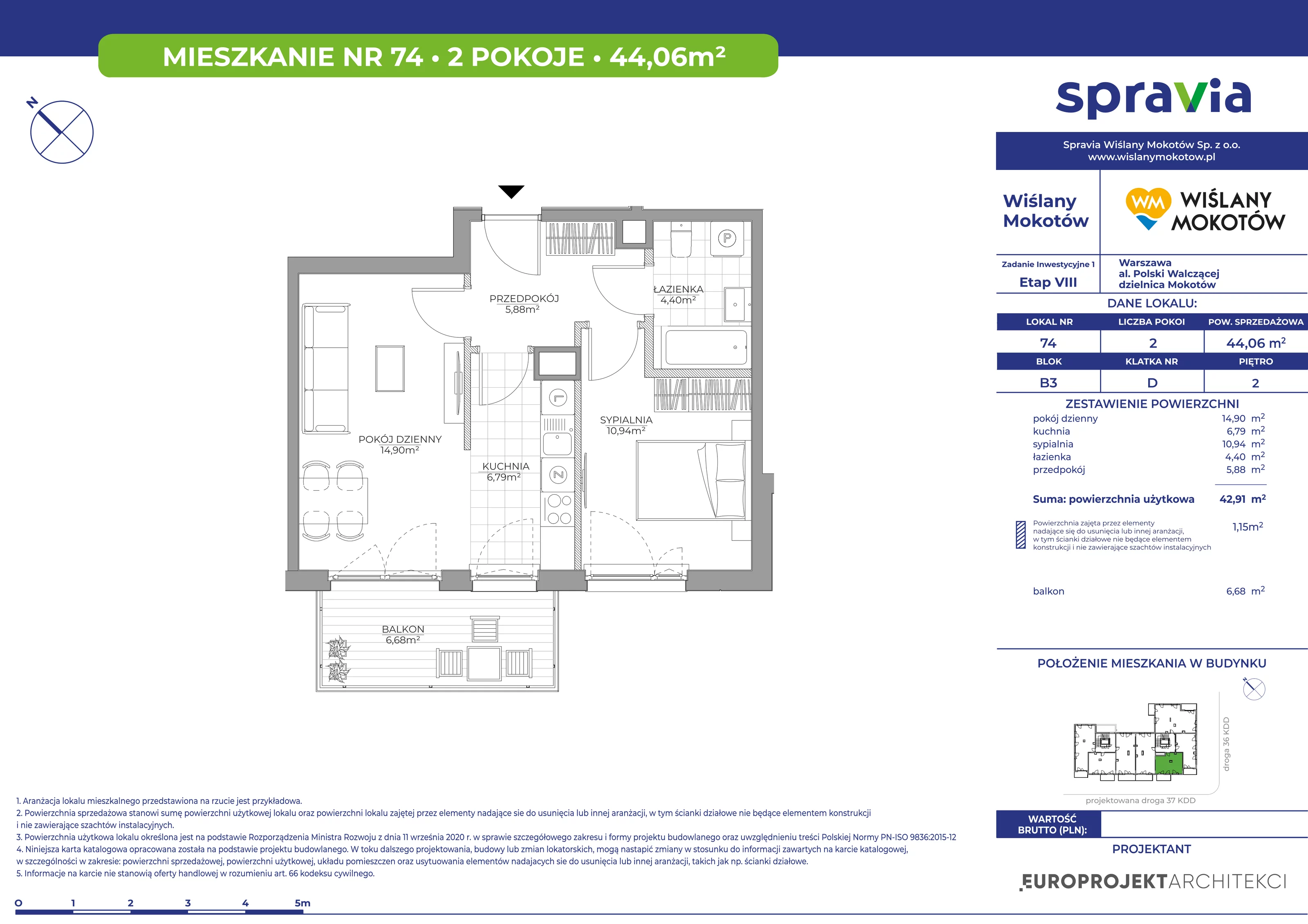 Mieszkanie 44,06 m², piętro 2, oferta nr 74, Wiślany Mokotów, Warszawa, Mokotów, Czerniaków, Al. Polski Walczącej