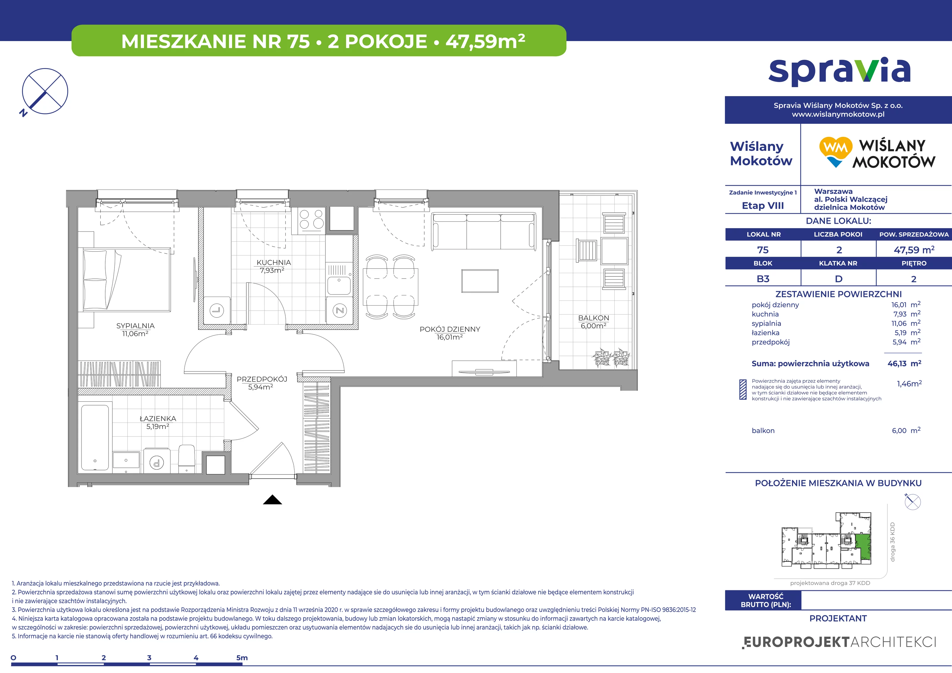 Mieszkanie 47,59 m², piętro 2, oferta nr 75, Wiślany Mokotów, Warszawa, Mokotów, Czerniaków, Al. Polski Walczącej