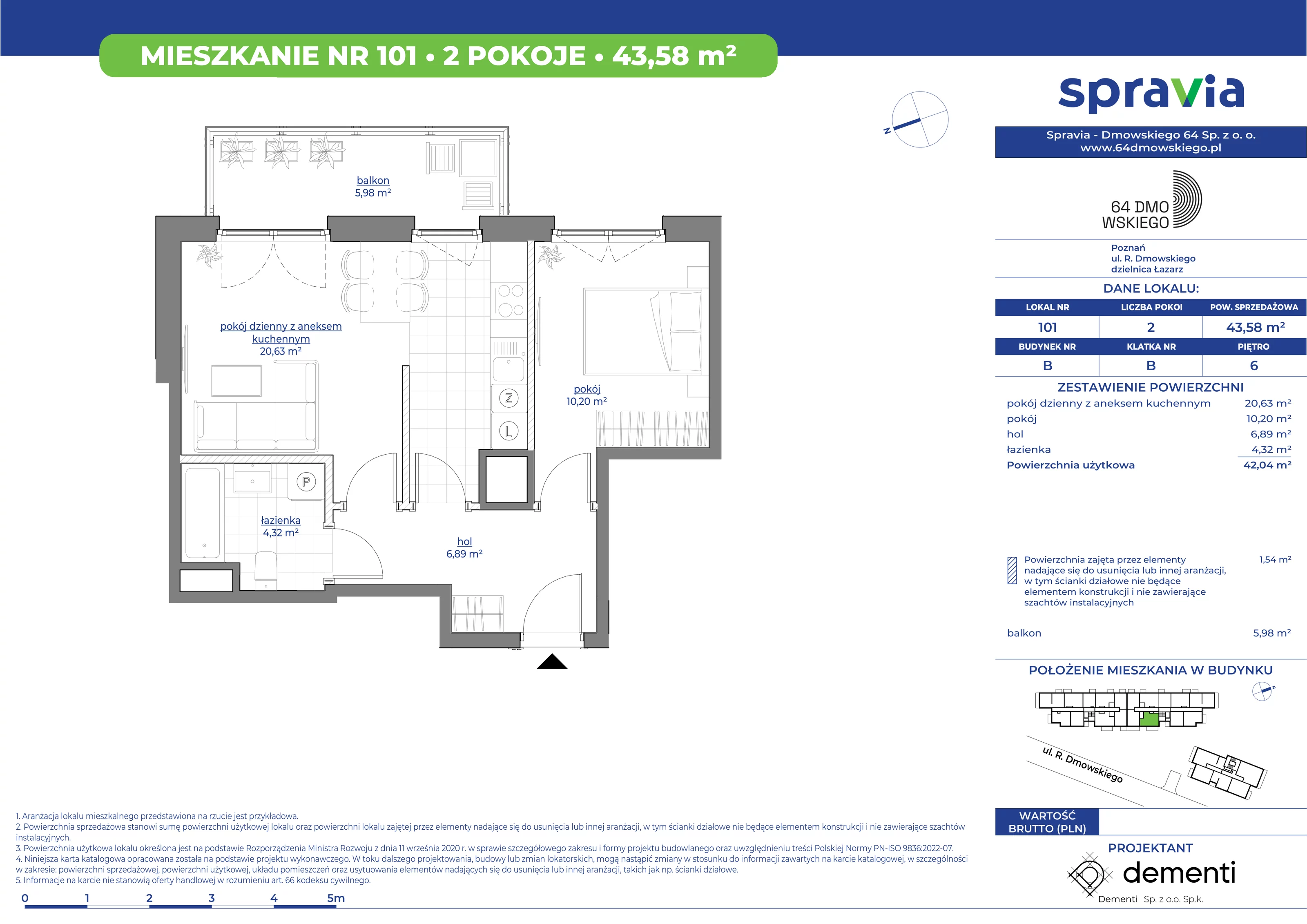 Mieszkanie 43,58 m², piętro 6, oferta nr 101, 64 Dmowskiego, Poznań, Św. Łazarz, Łazarz, ul. R. Dmowskiego